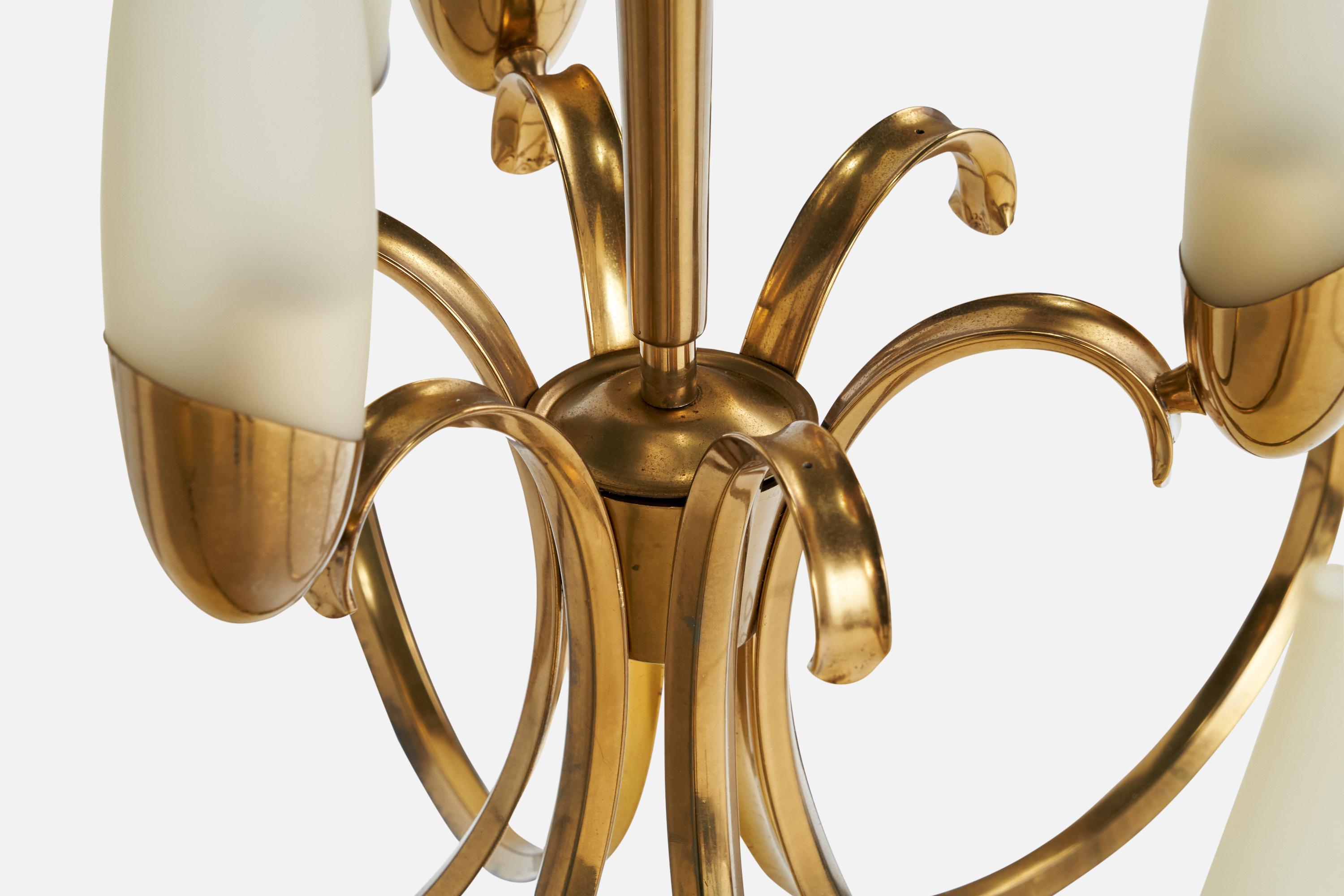 Italian Designer, Chandelier, Brass, Glass, Italy, 1950s In Good Condition For Sale In High Point, NC