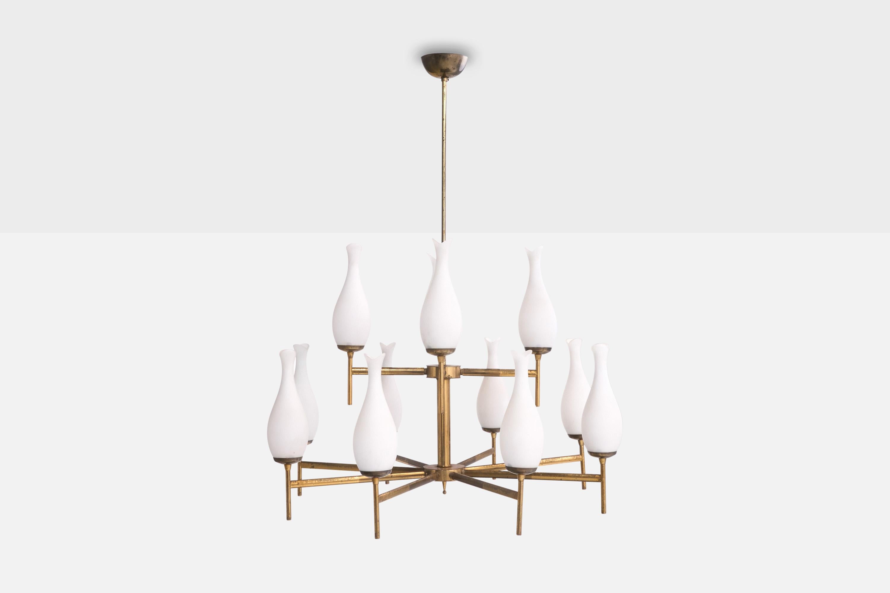 Mid-Century Modern Italian Designer, Chandelier, Brass, Glass, Italy, 1950s For Sale