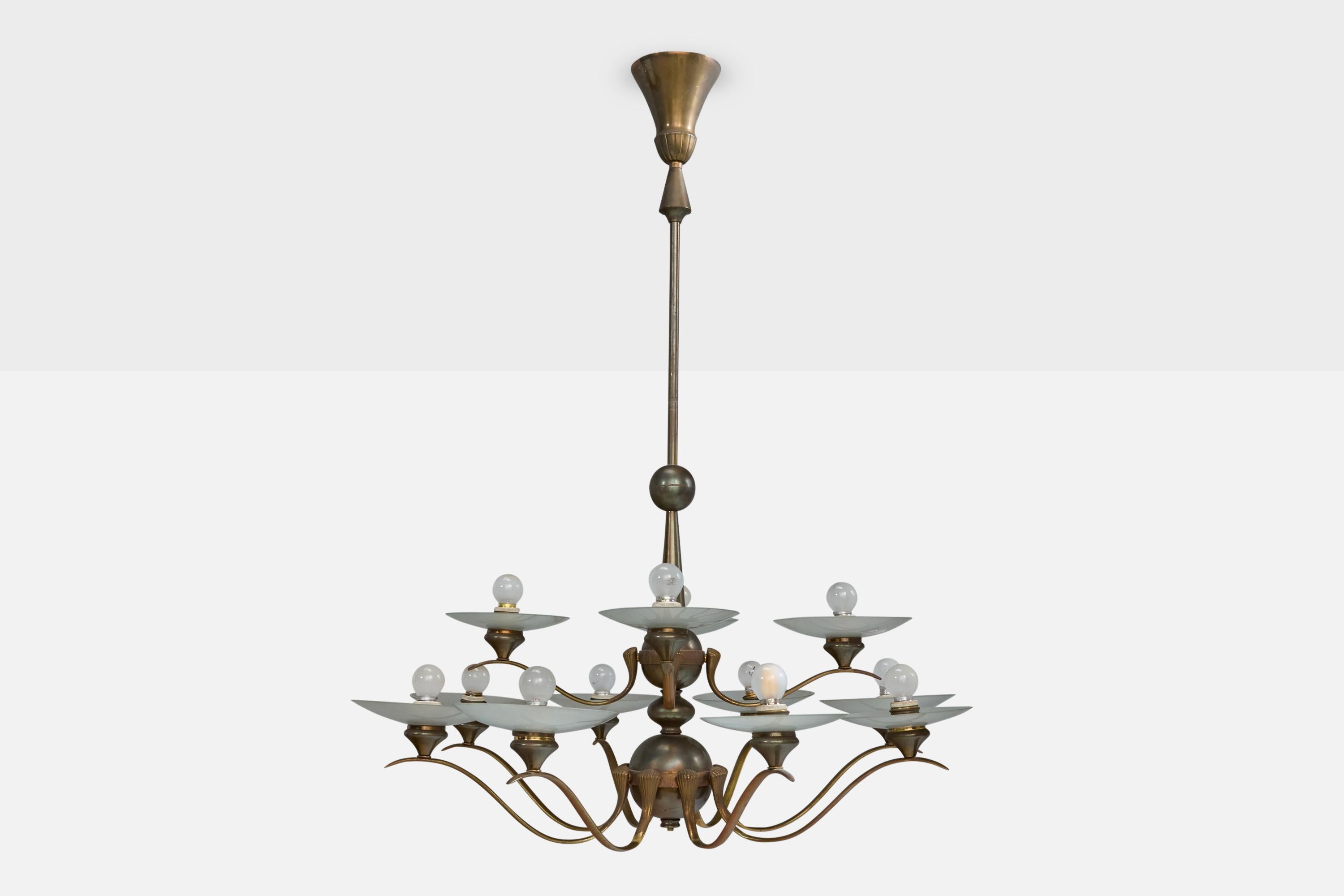Mid-Century Modern Italian Designer, Chandelier, Brass, Glass, Italy, 1950s For Sale