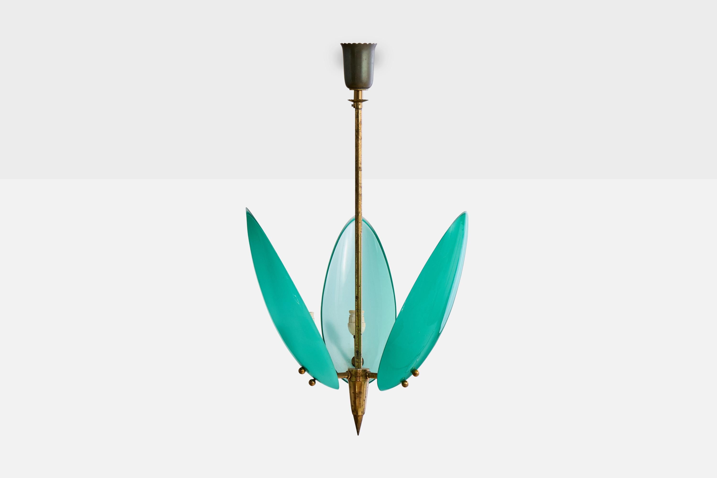 Mid-Century Modern Italian Designer, Chandelier, Brass, Glass, Italy, 1950s For Sale