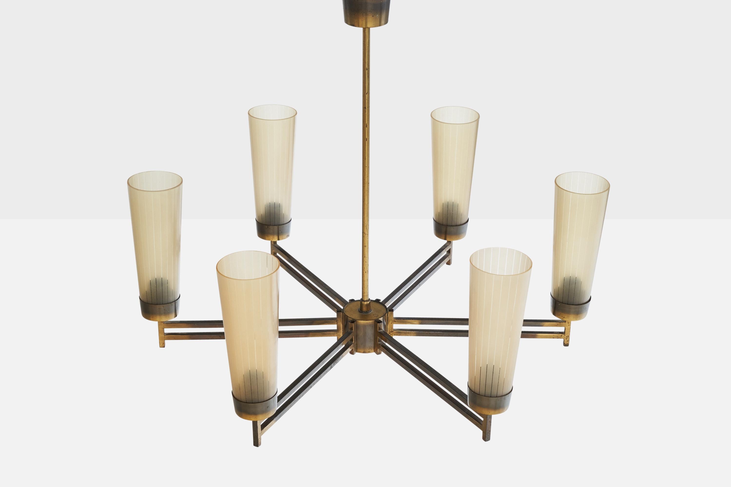 Italian Designer, Chandelier, Brass, Glass, Italy, 1950s In Good Condition For Sale In High Point, NC