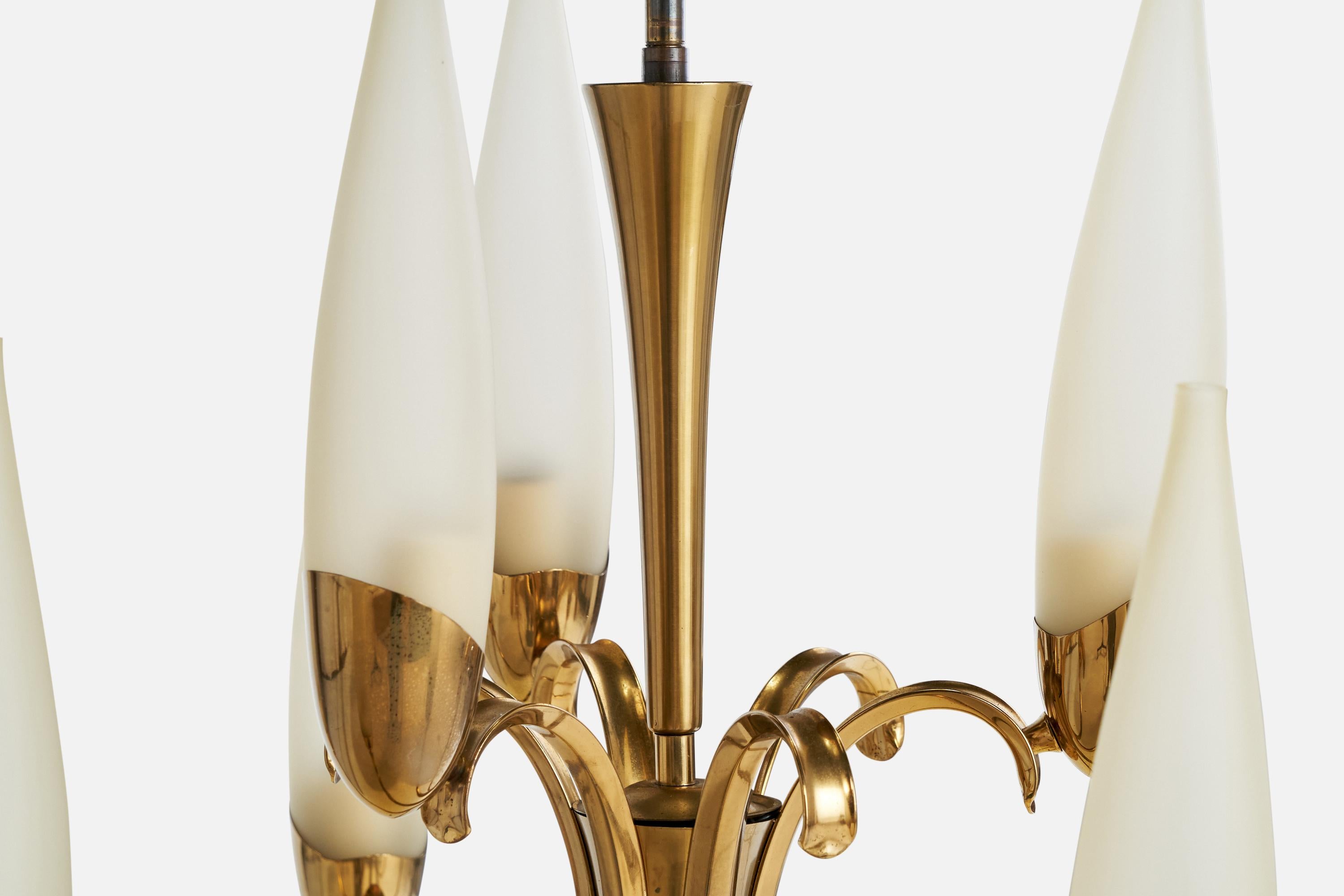 Mid-20th Century Italian Designer, Chandelier, Brass, Glass, Italy, 1950s For Sale