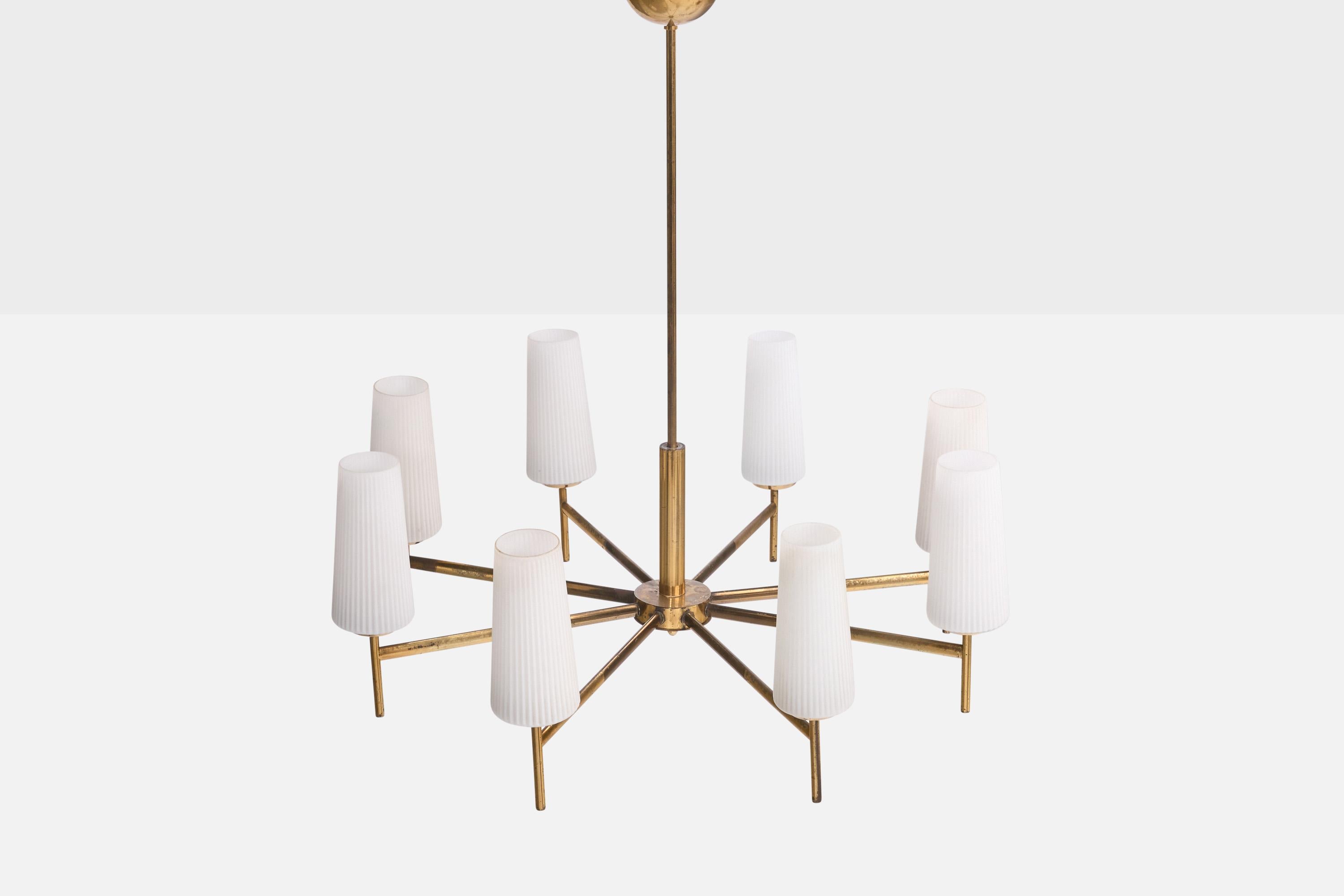 Mid-20th Century Italian Designer, Chandelier, Brass, Glass, Italy, 1950s For Sale