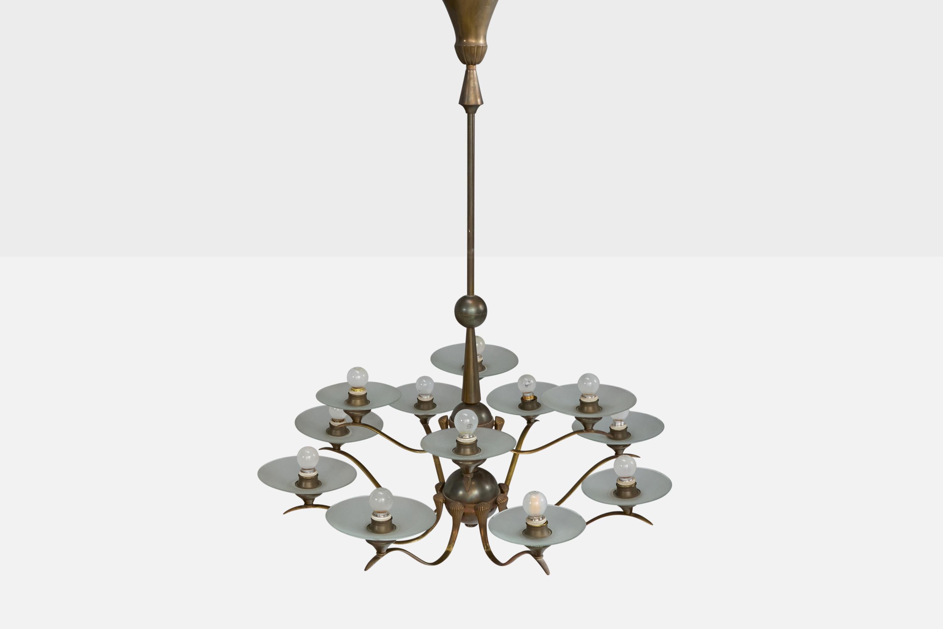 Italian Designer, Chandelier, Brass, Glass, Italy, 1950s In Good Condition For Sale In High Point, NC
