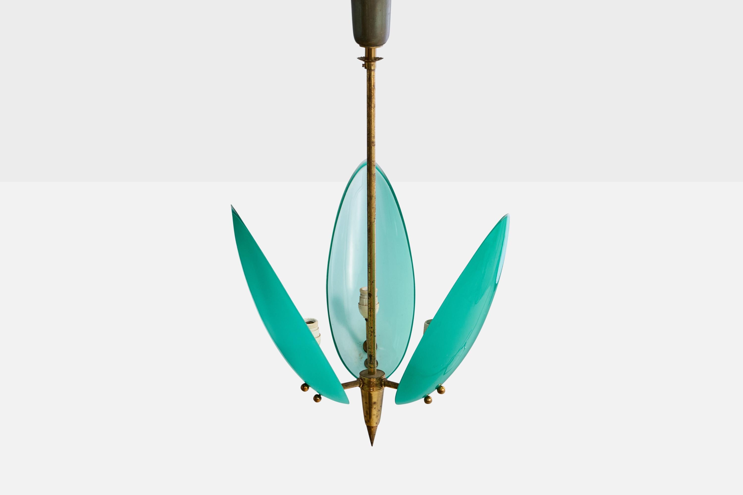 Italian Designer, Chandelier, Brass, Glass, Italy, 1950s In Good Condition For Sale In High Point, NC