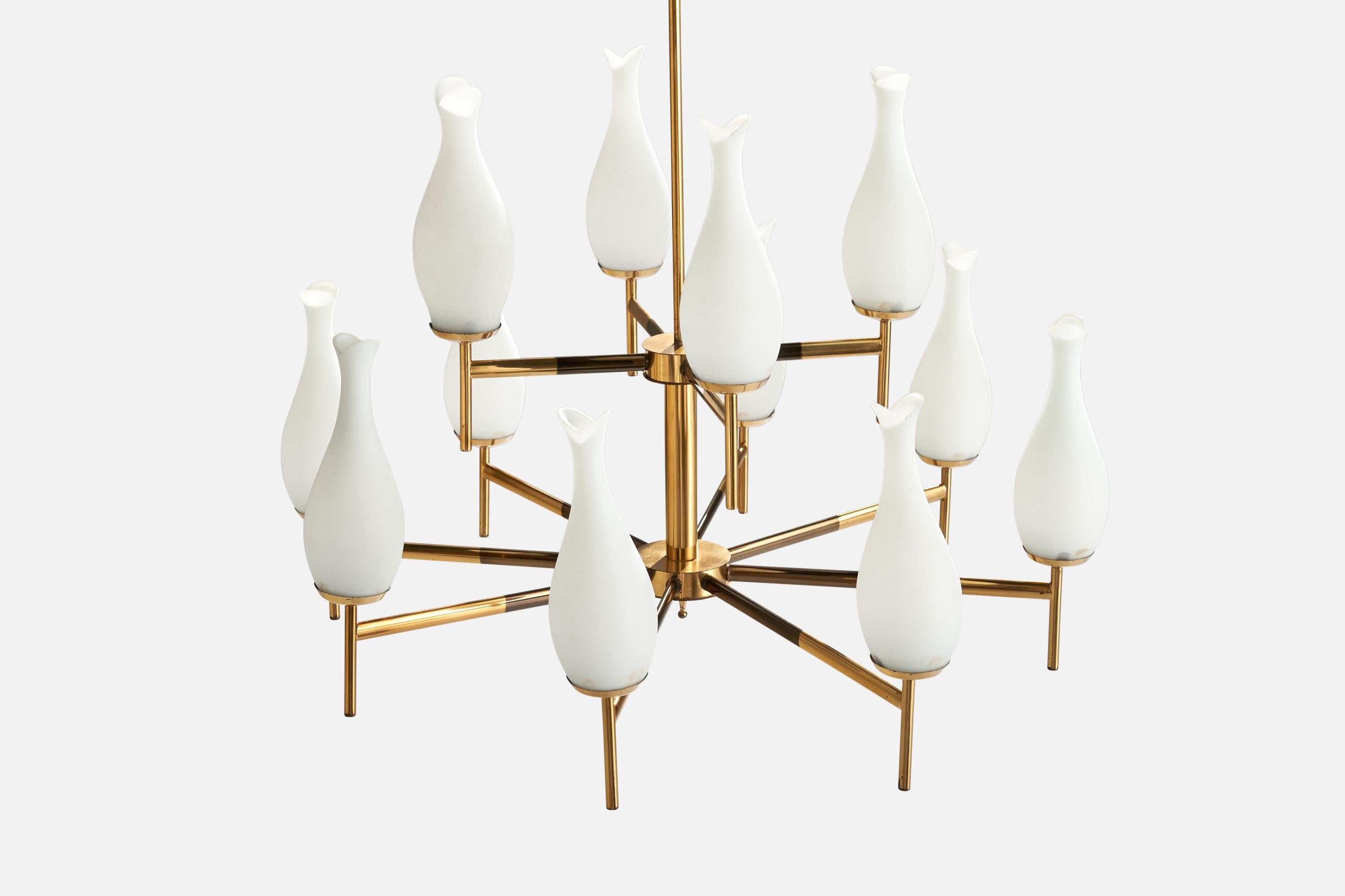 Mid-20th Century Italian Designer, Chandelier, Brass, Glass, Italy, 1950s For Sale