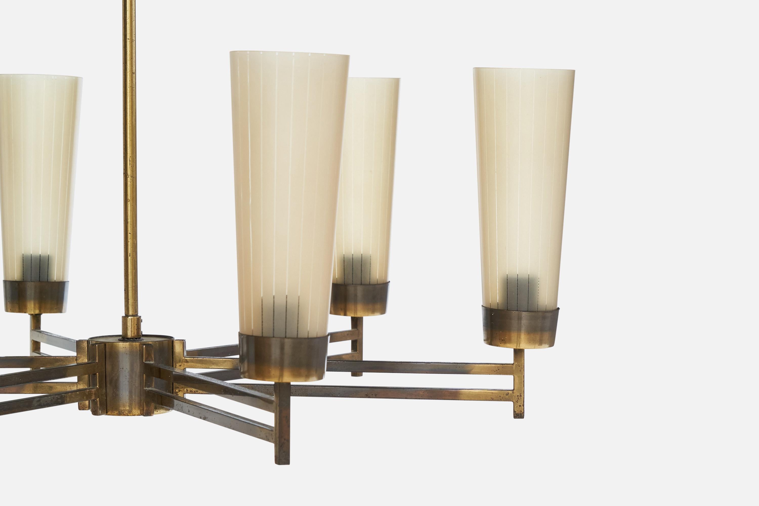Mid-20th Century Italian Designer, Chandelier, Brass, Glass, Italy, 1950s For Sale