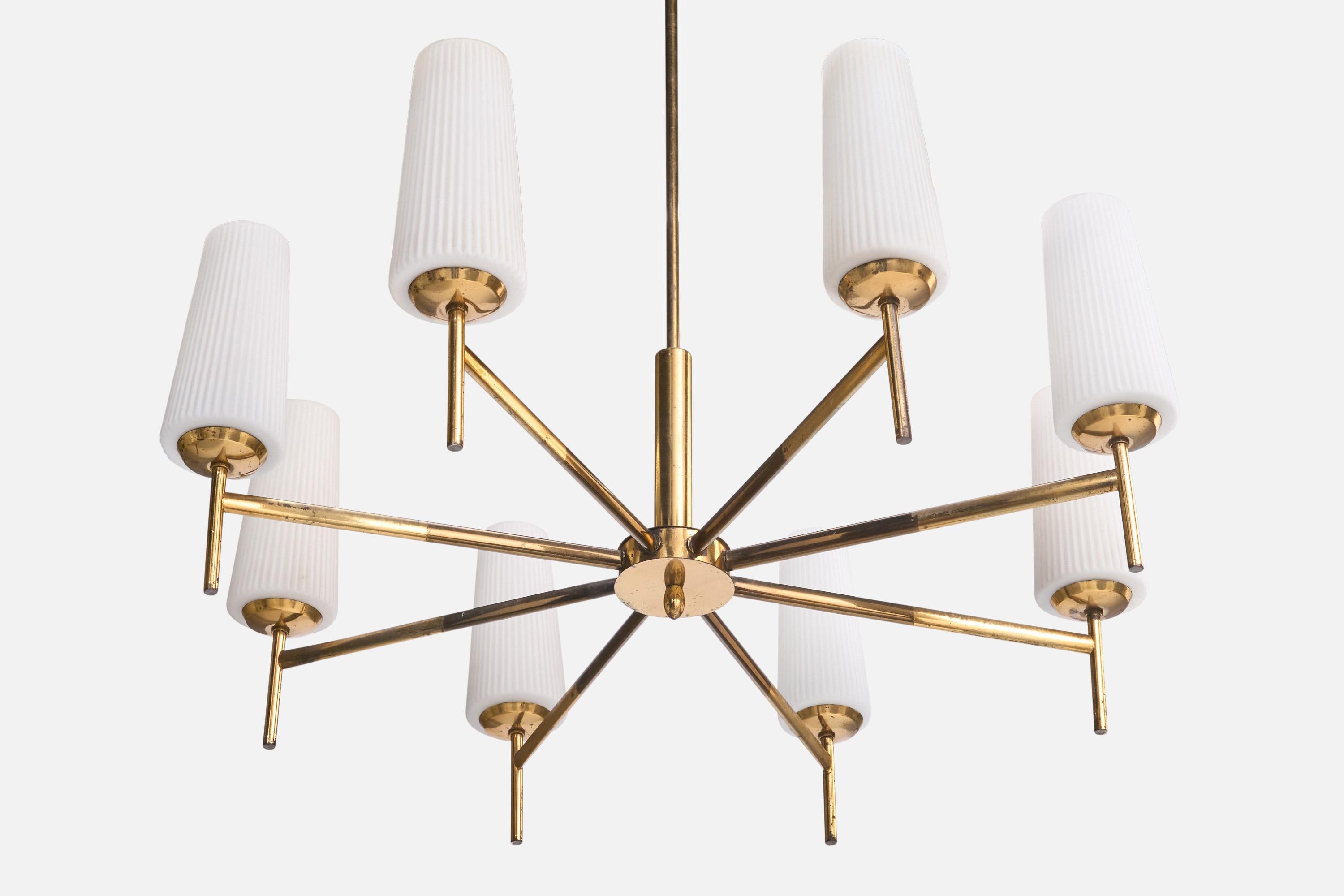Italian Designer, Chandelier, Brass, Glass, Italy, 1950s For Sale 1
