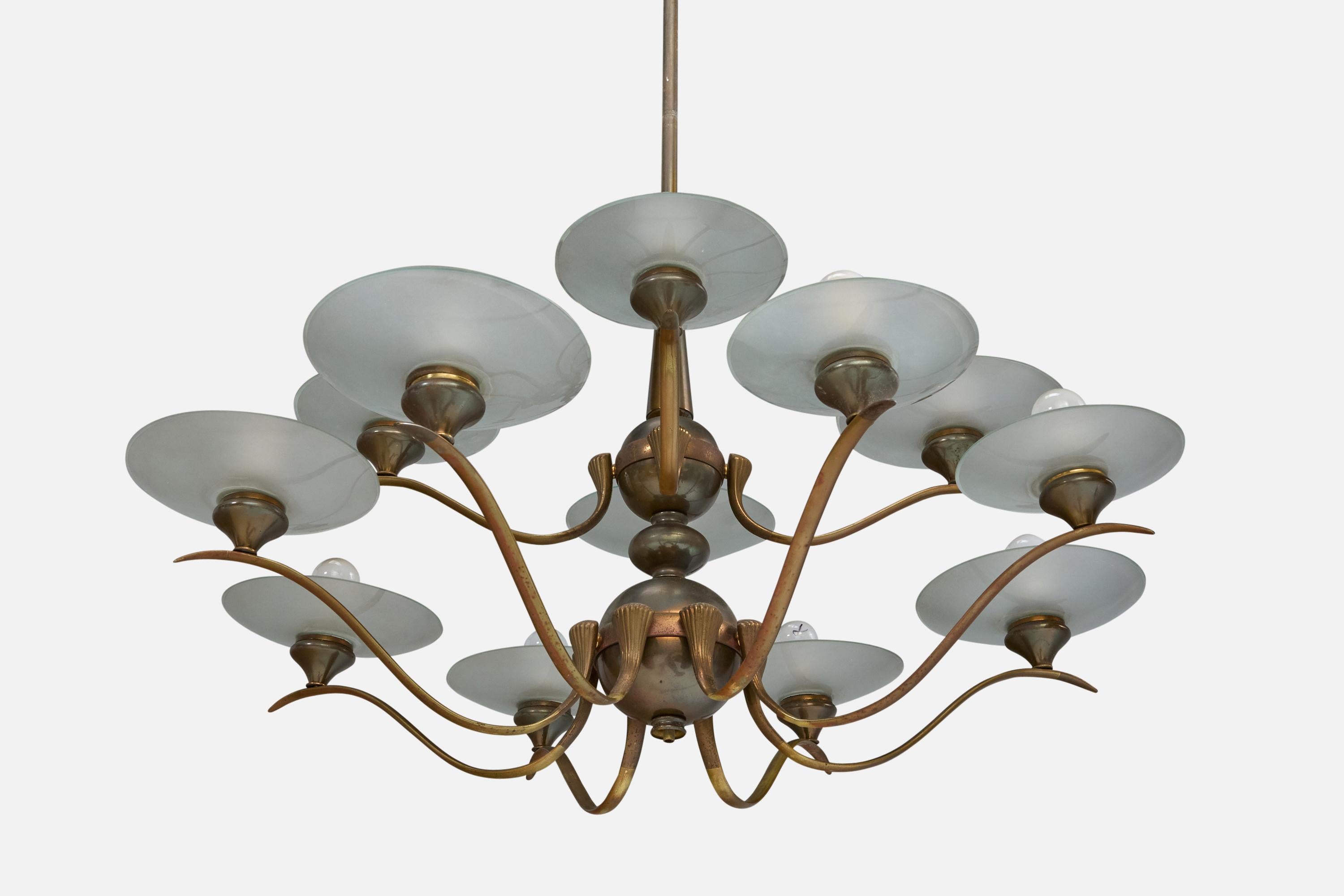 Mid-20th Century Italian Designer, Chandelier, Brass, Glass, Italy, 1950s For Sale