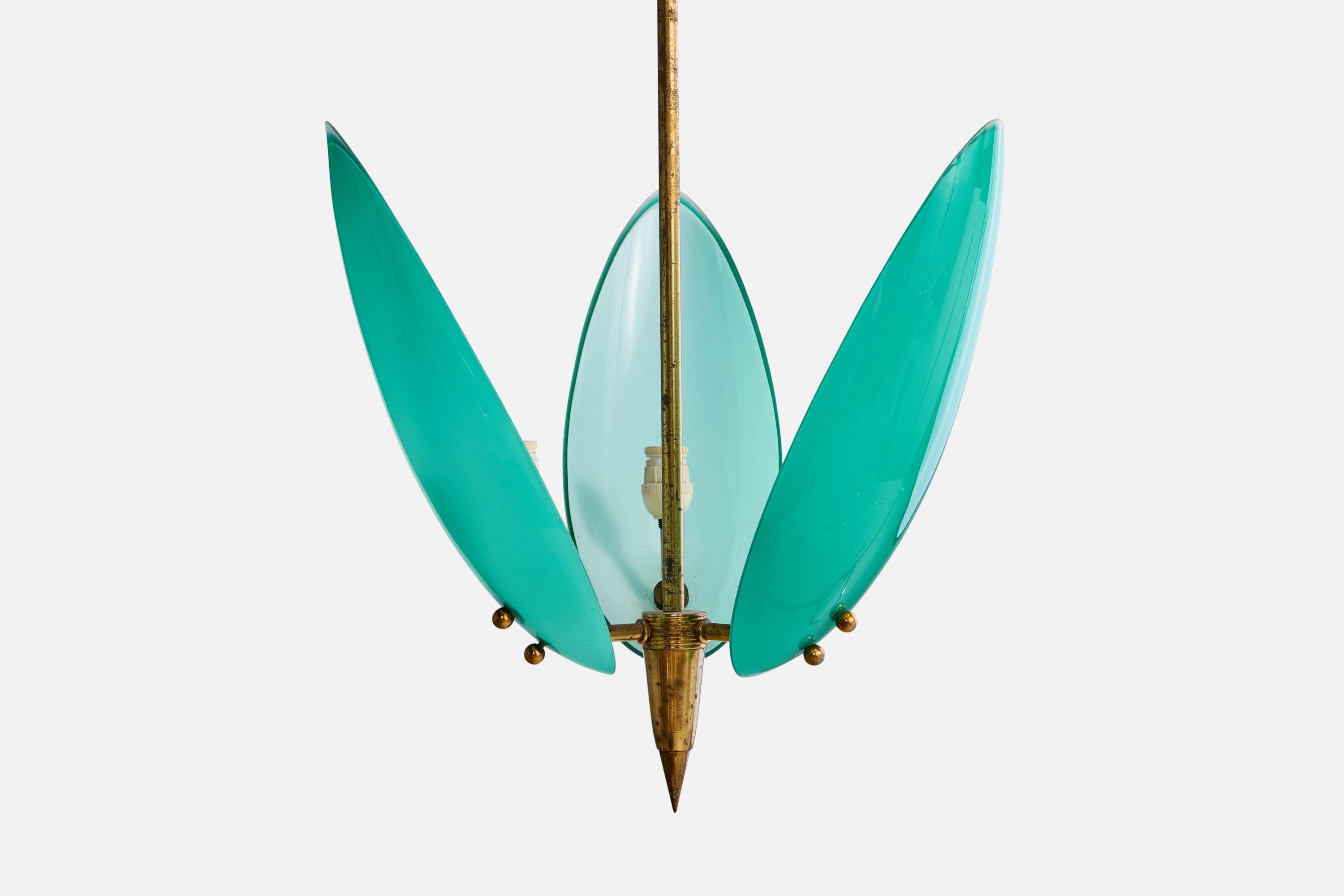 Mid-20th Century Italian Designer, Chandelier, Brass, Glass, Italy, 1950s For Sale
