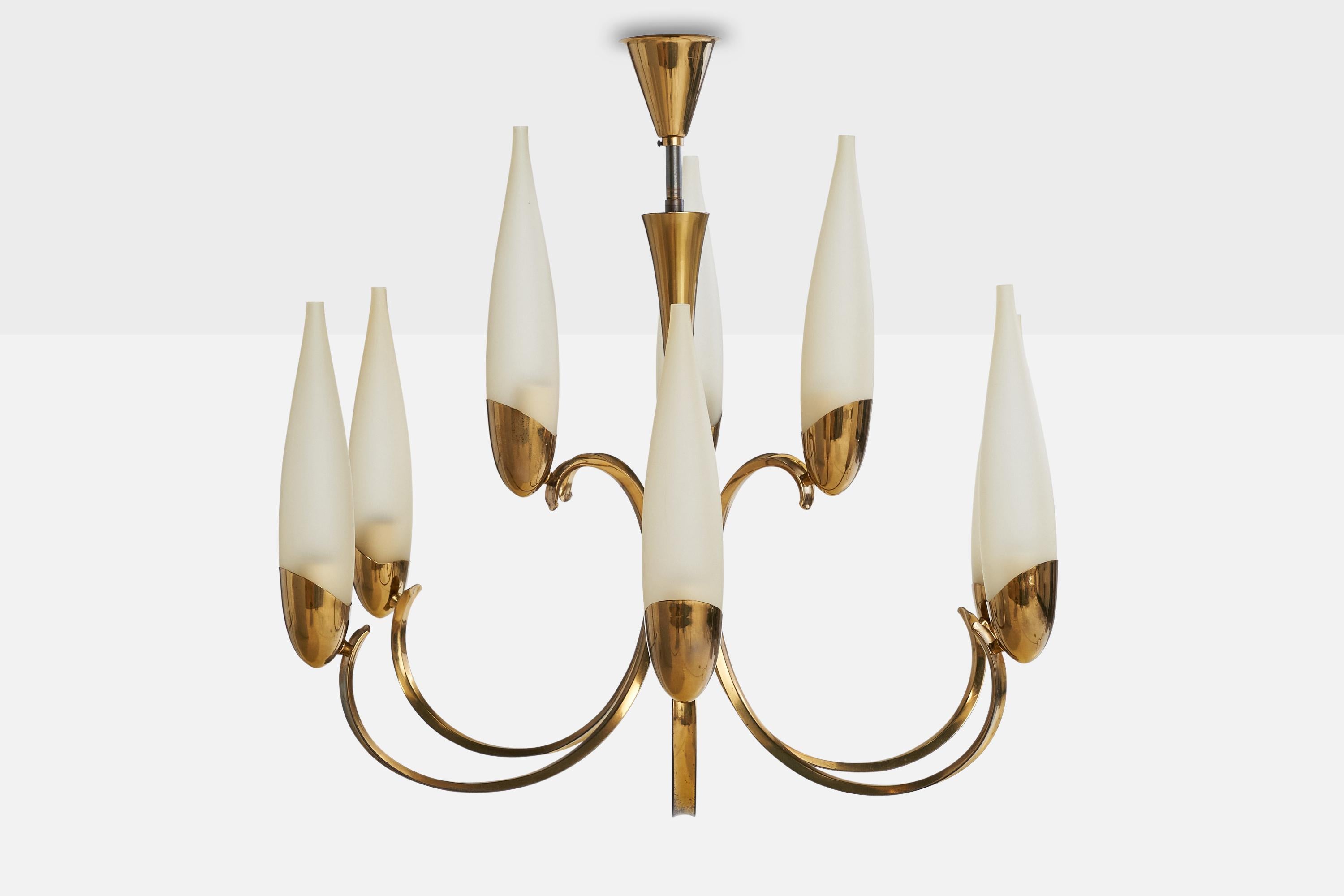 Italian Designer, Chandelier, Brass, Glass, Italy, 1950s For Sale 2