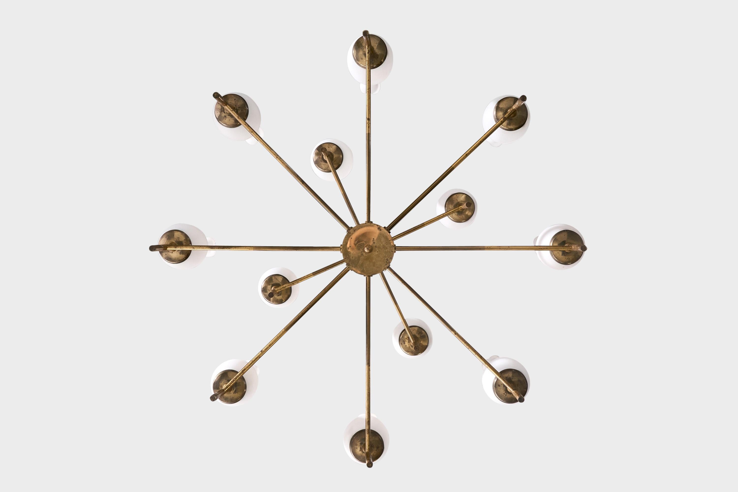 Italian Designer, Chandelier, Brass, Glass, Italy, 1950s For Sale 1