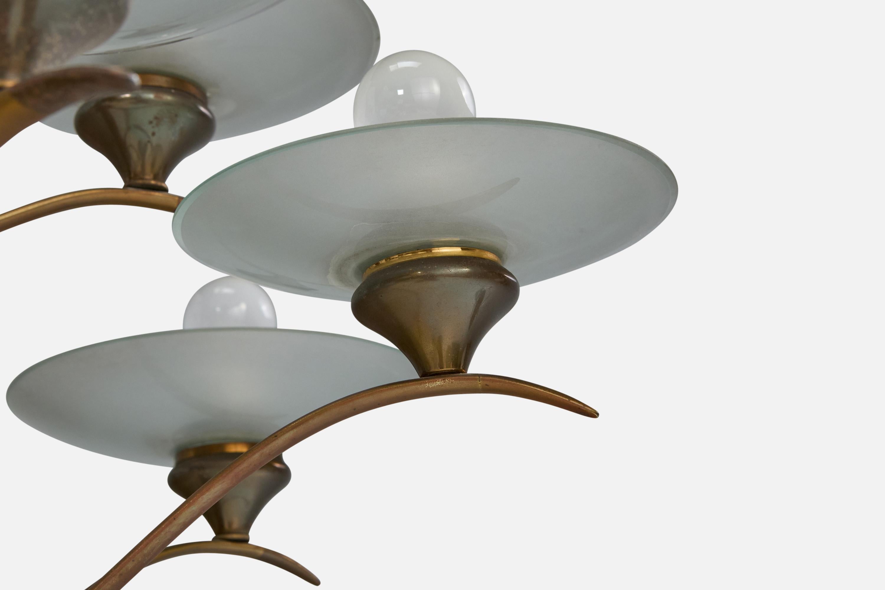 Italian Designer, Chandelier, Brass, Glass, Italy, 1950s For Sale 1