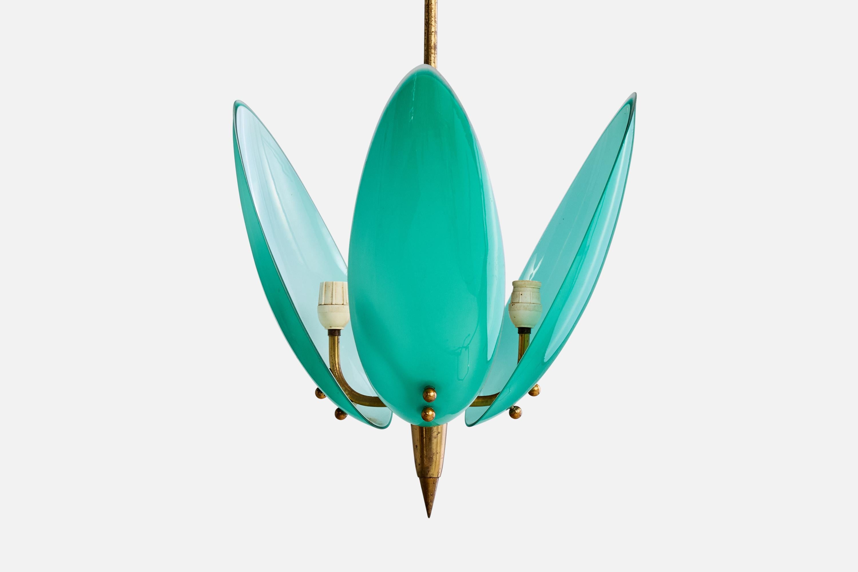 Italian Designer, Chandelier, Brass, Glass, Italy, 1950s For Sale 1