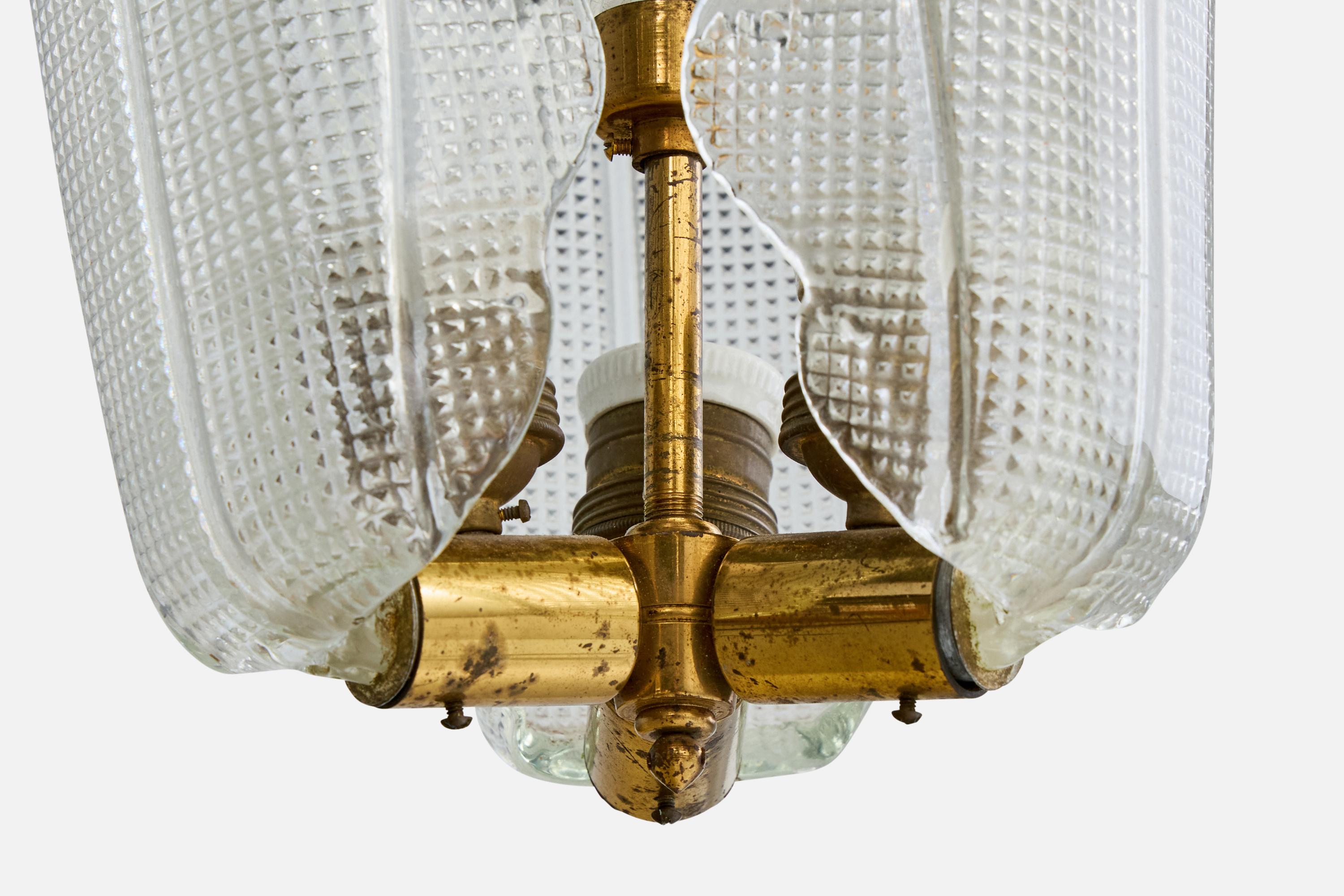 Laiton Lustre de designer italien, laiton, verre, Italie, années 1950 en vente