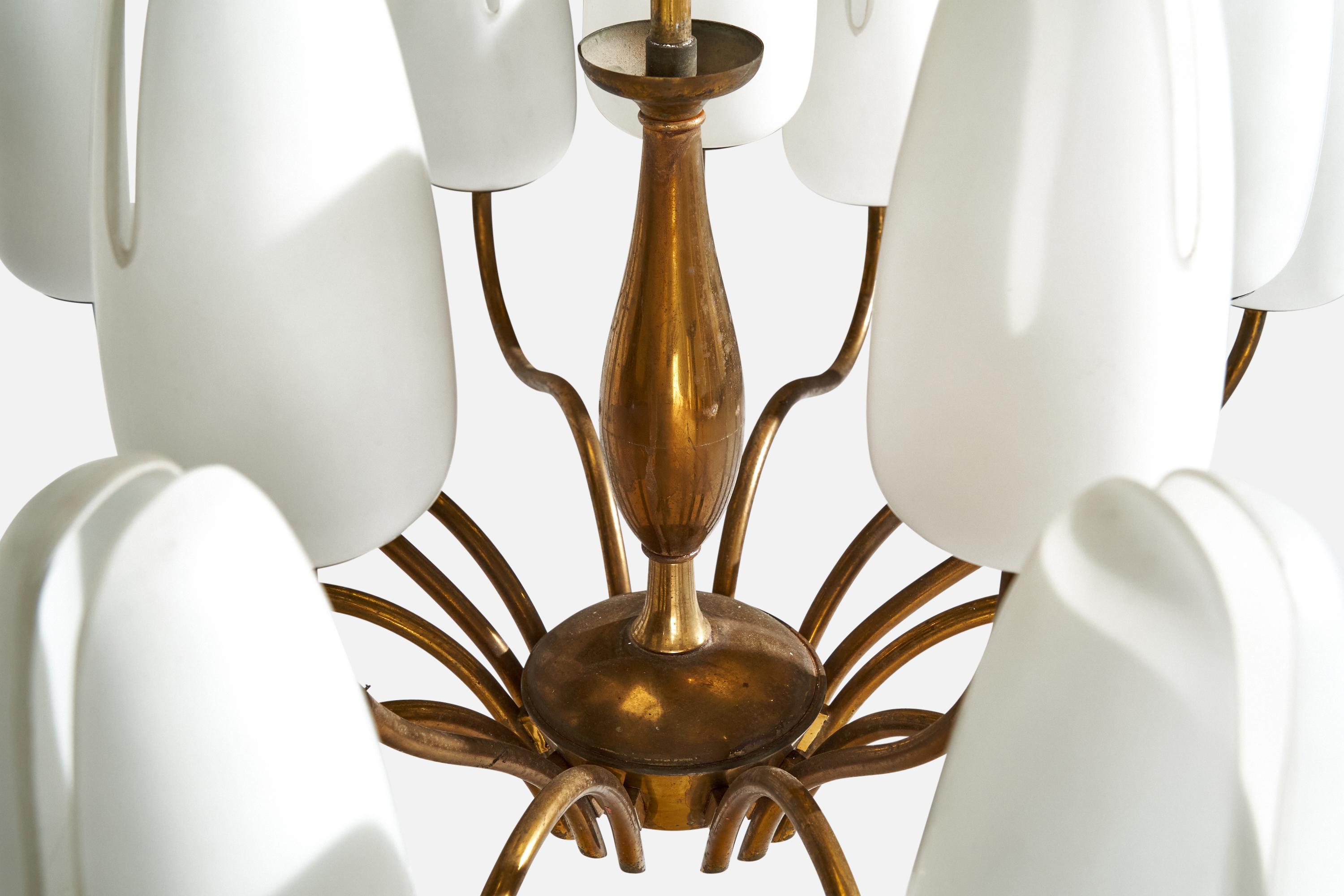 Italian Designer, Chandelier, Brass, Glass, Italy, 1950s For Sale 2