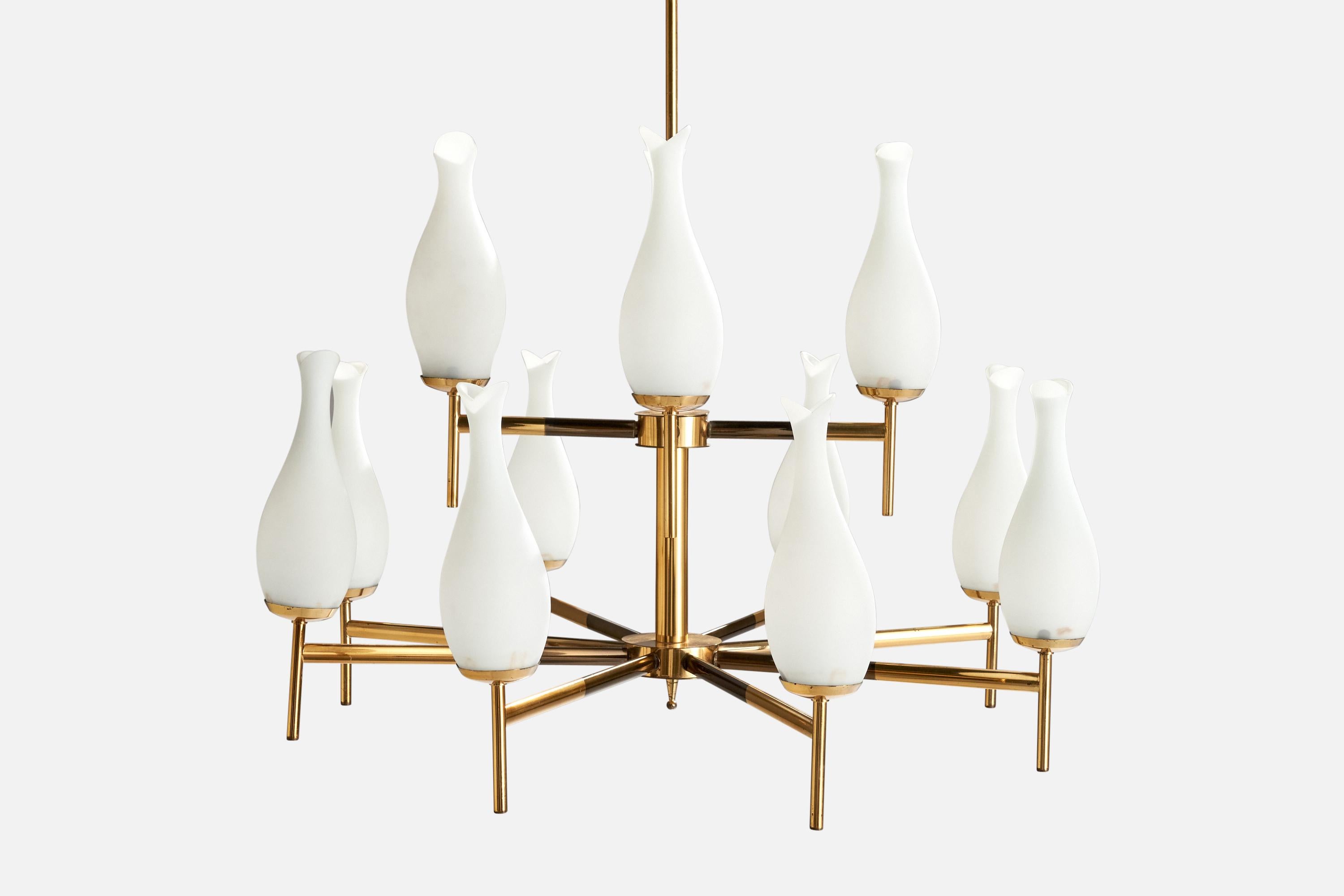 Italian Designer, Chandelier, Brass, Glass, Italy, 1950s For Sale 2
