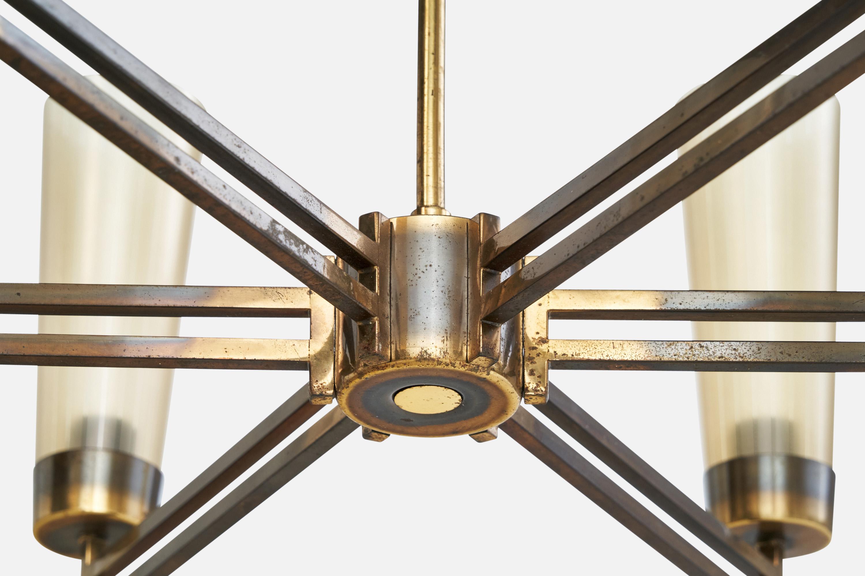 Italian Designer, Chandelier, Brass, Glass, Italy, 1950s For Sale 2