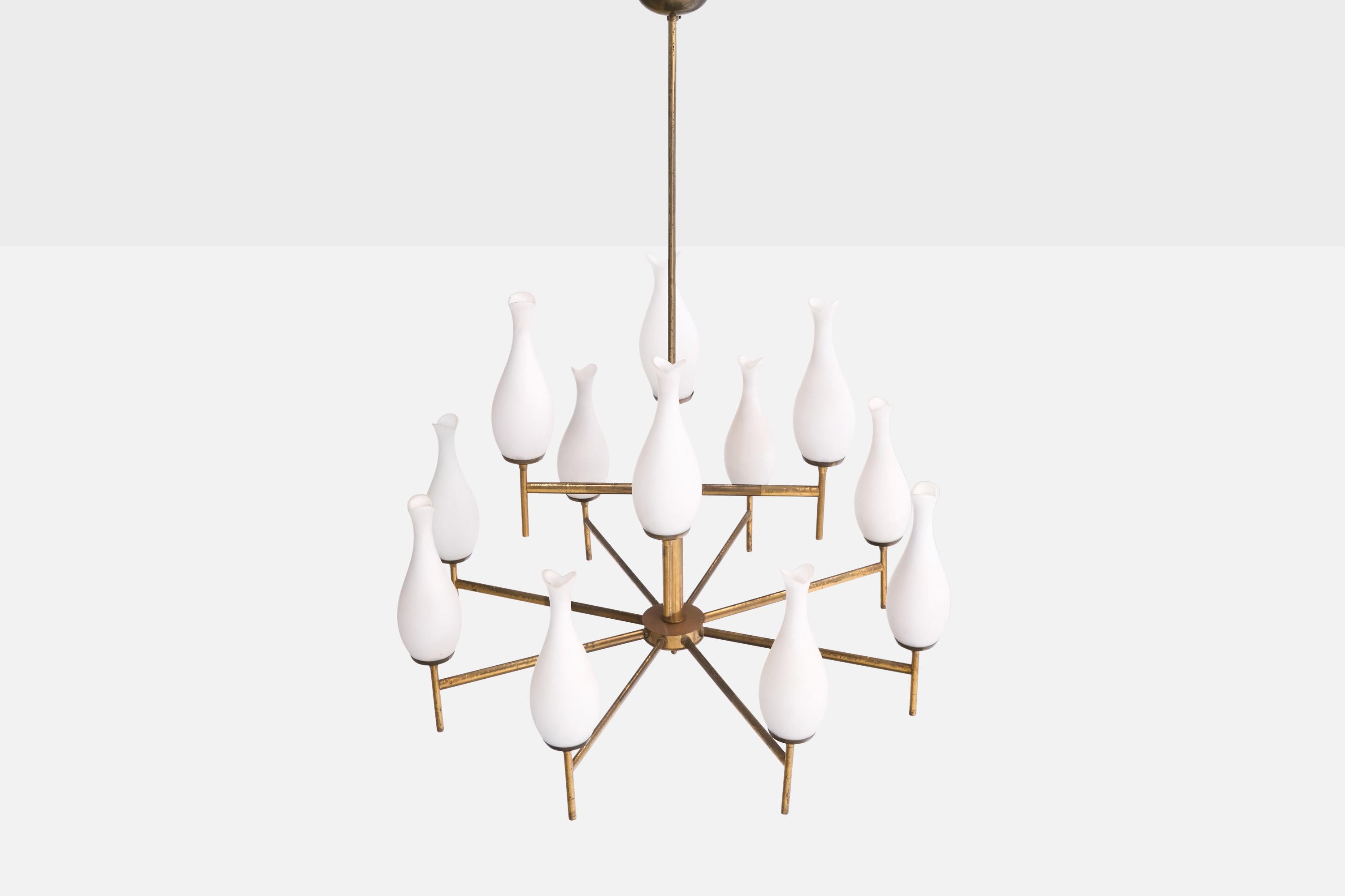 Italian Designer, Chandelier, Brass, Glass, Italy, 1950s For Sale 2