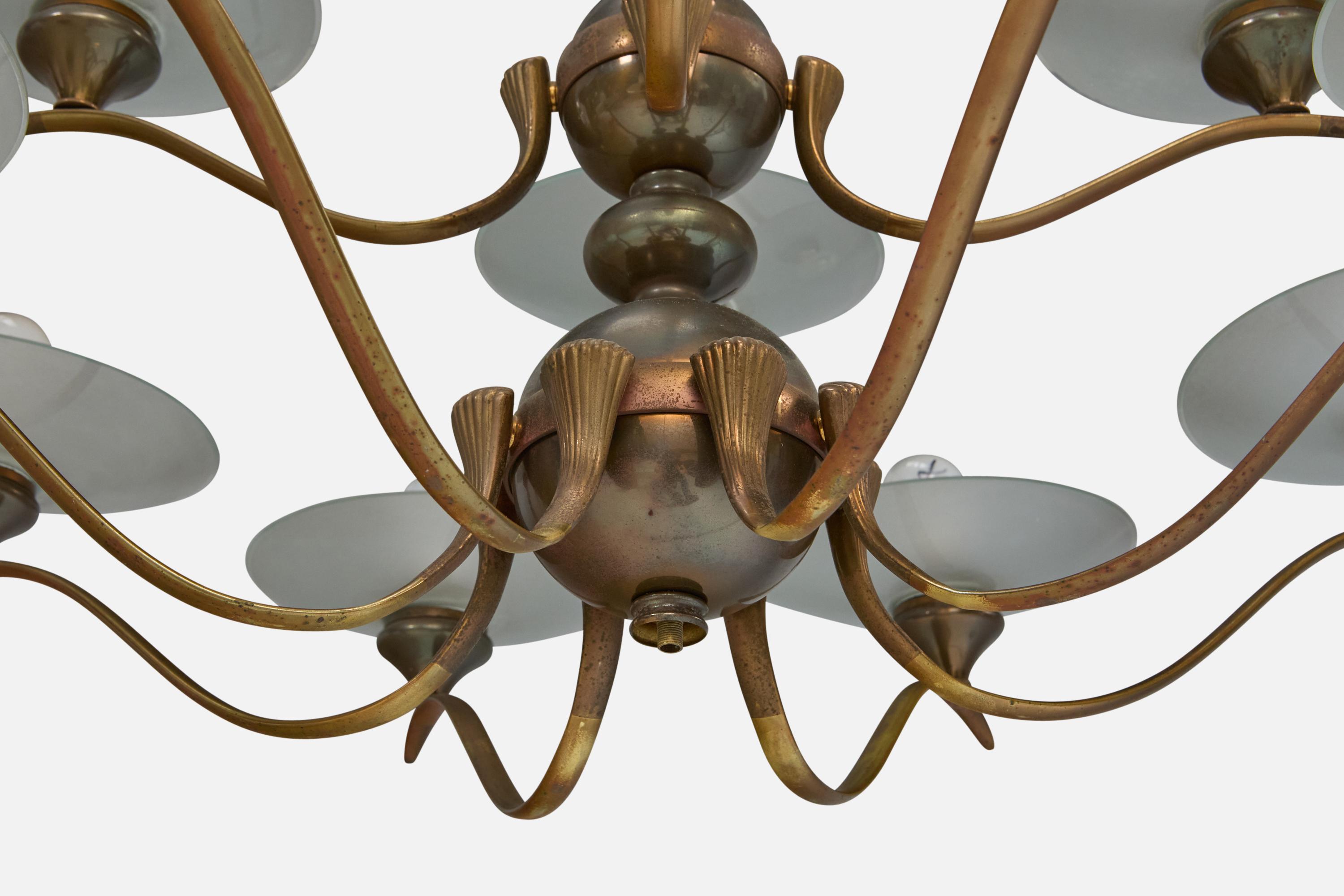 Italian Designer, Chandelier, Brass, Glass, Italy, 1950s For Sale 2
