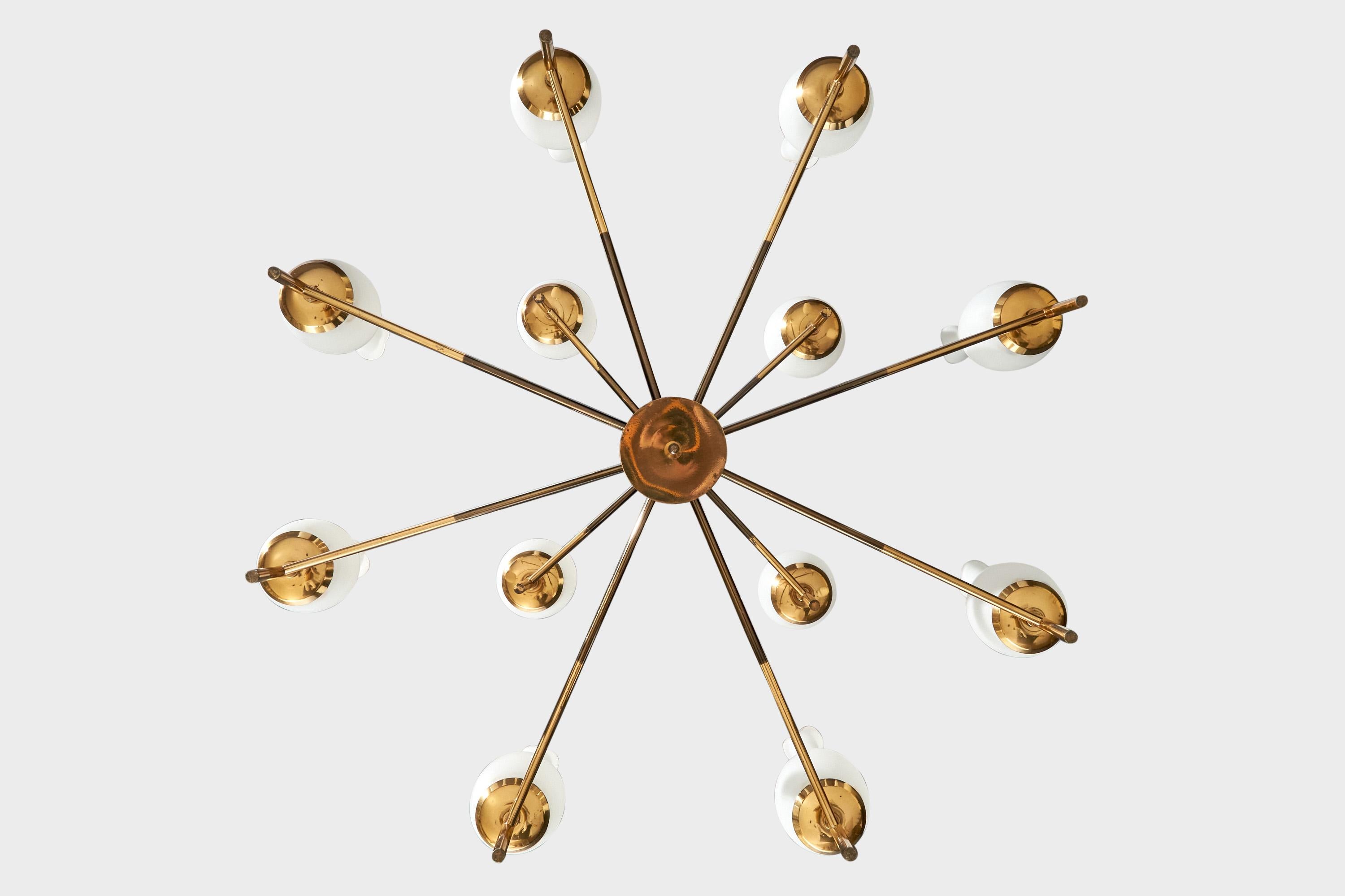 Italian Designer, Chandelier, Brass, Glass, Italy, 1950s For Sale 3