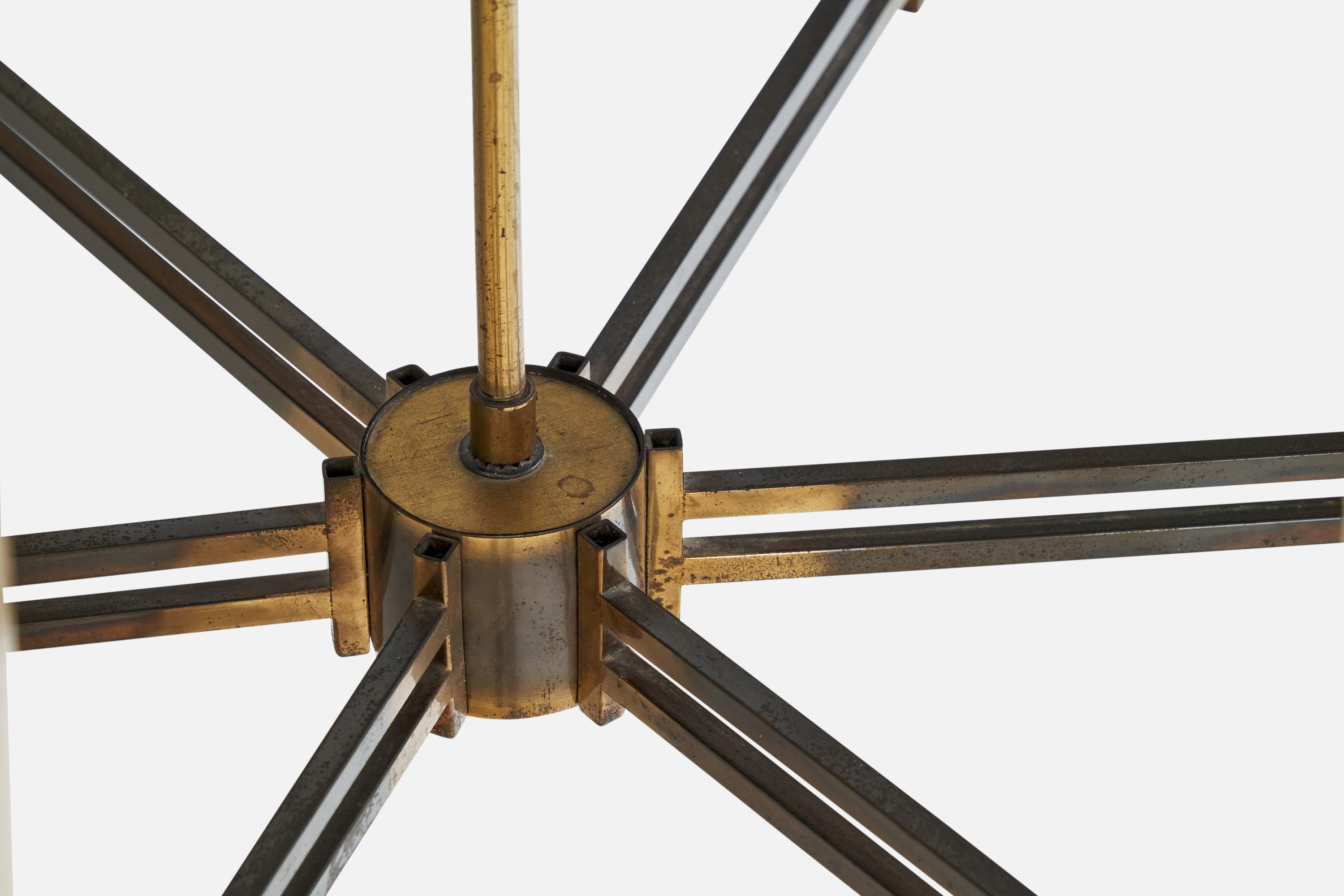 Italian Designer, Chandelier, Brass, Glass, Italy, 1950s For Sale 3