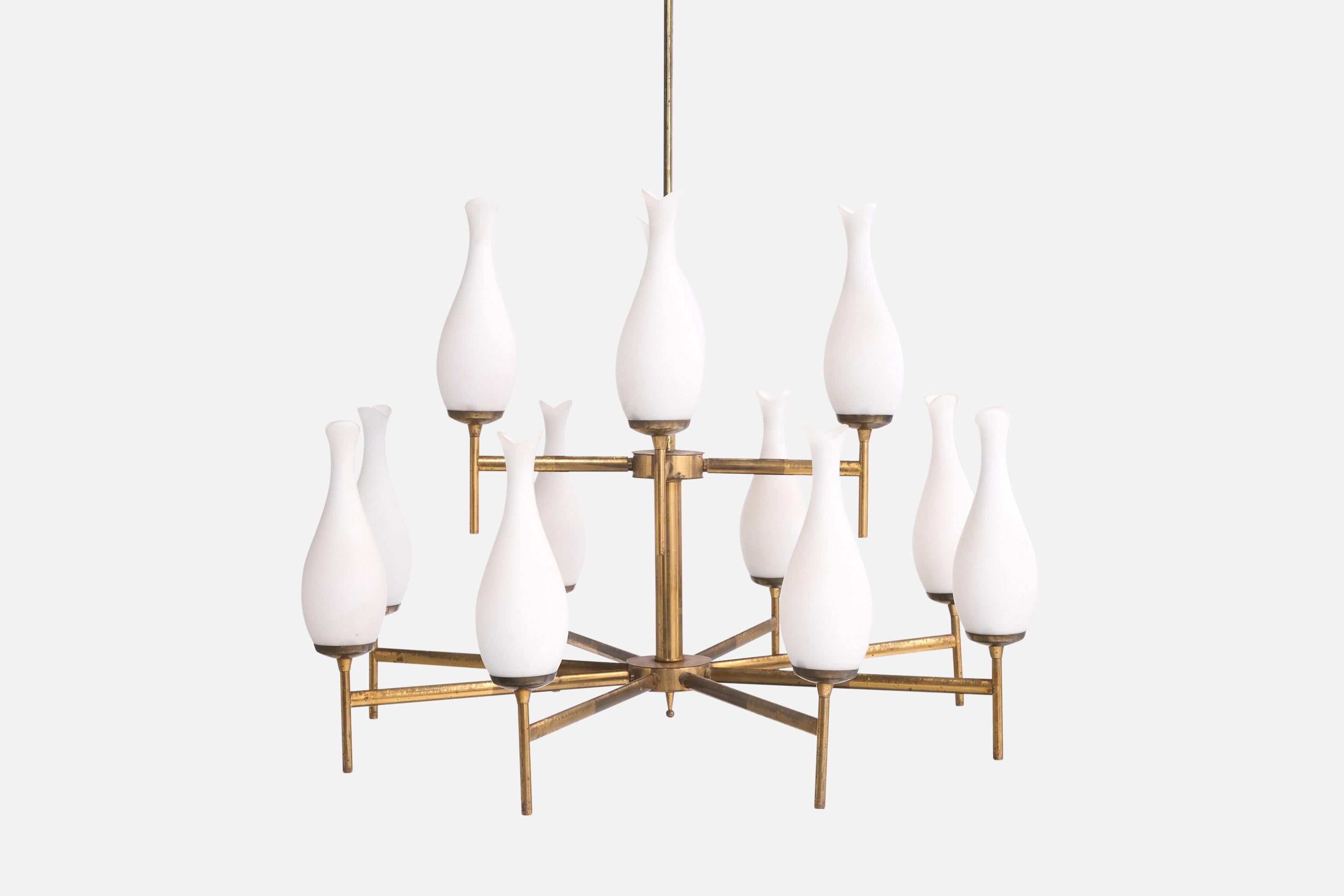 Italian Designer, Chandelier, Brass, Glass, Italy, 1950s For Sale 3