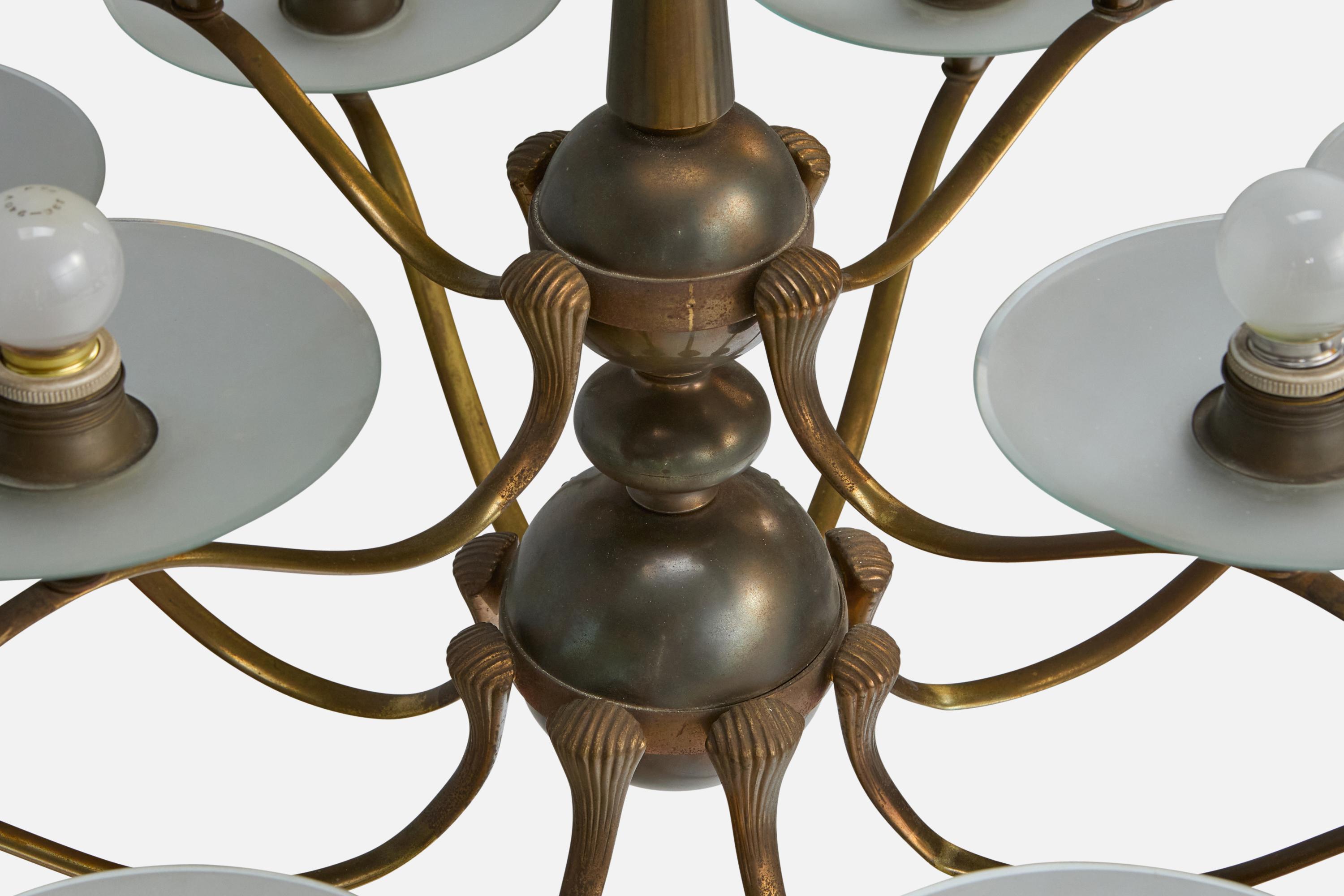 Italian Designer, Chandelier, Brass, Glass, Italy, 1950s For Sale 3