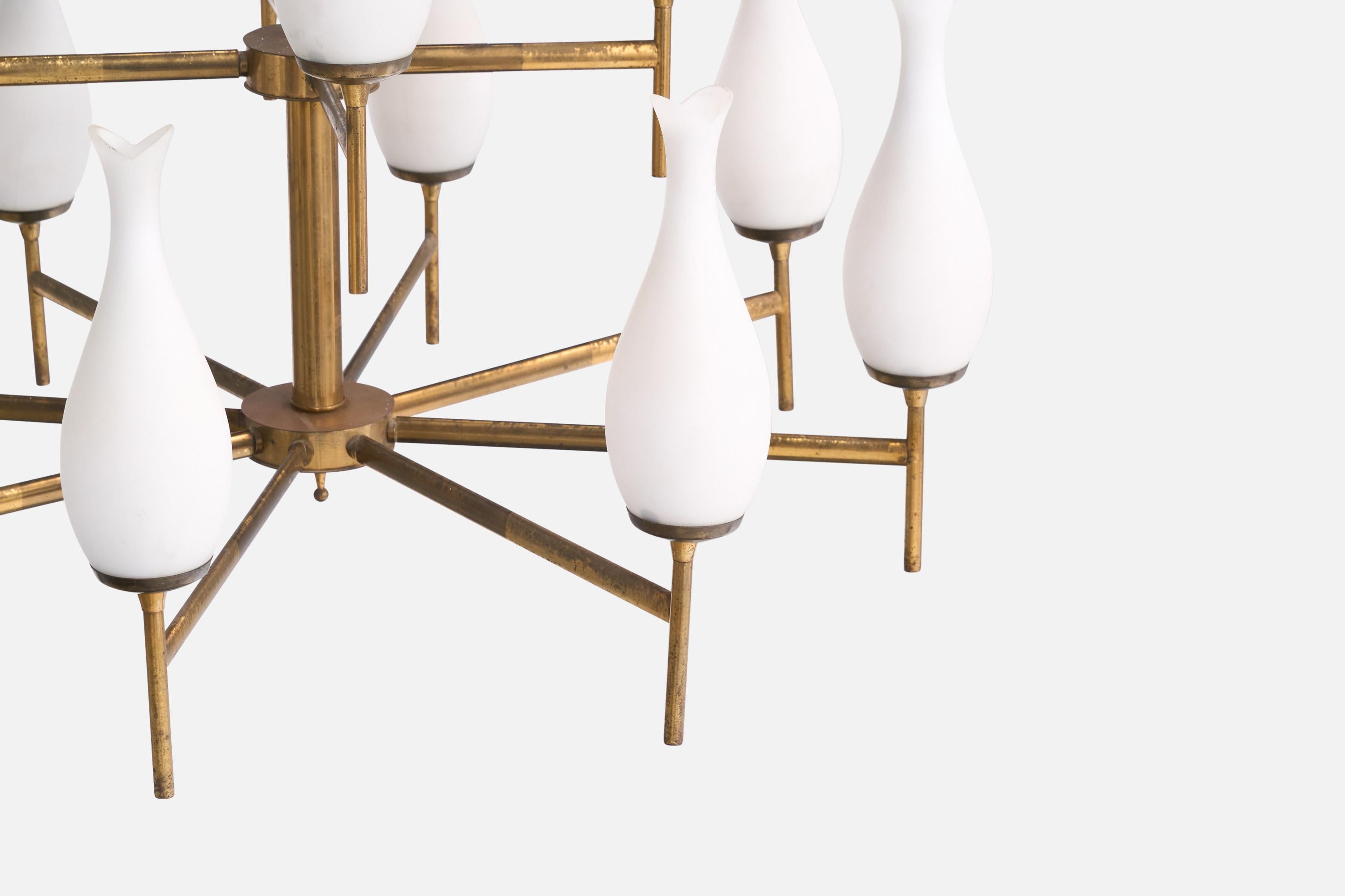 Italian Designer, Chandelier, Brass, Glass, Italy, 1950s For Sale 4