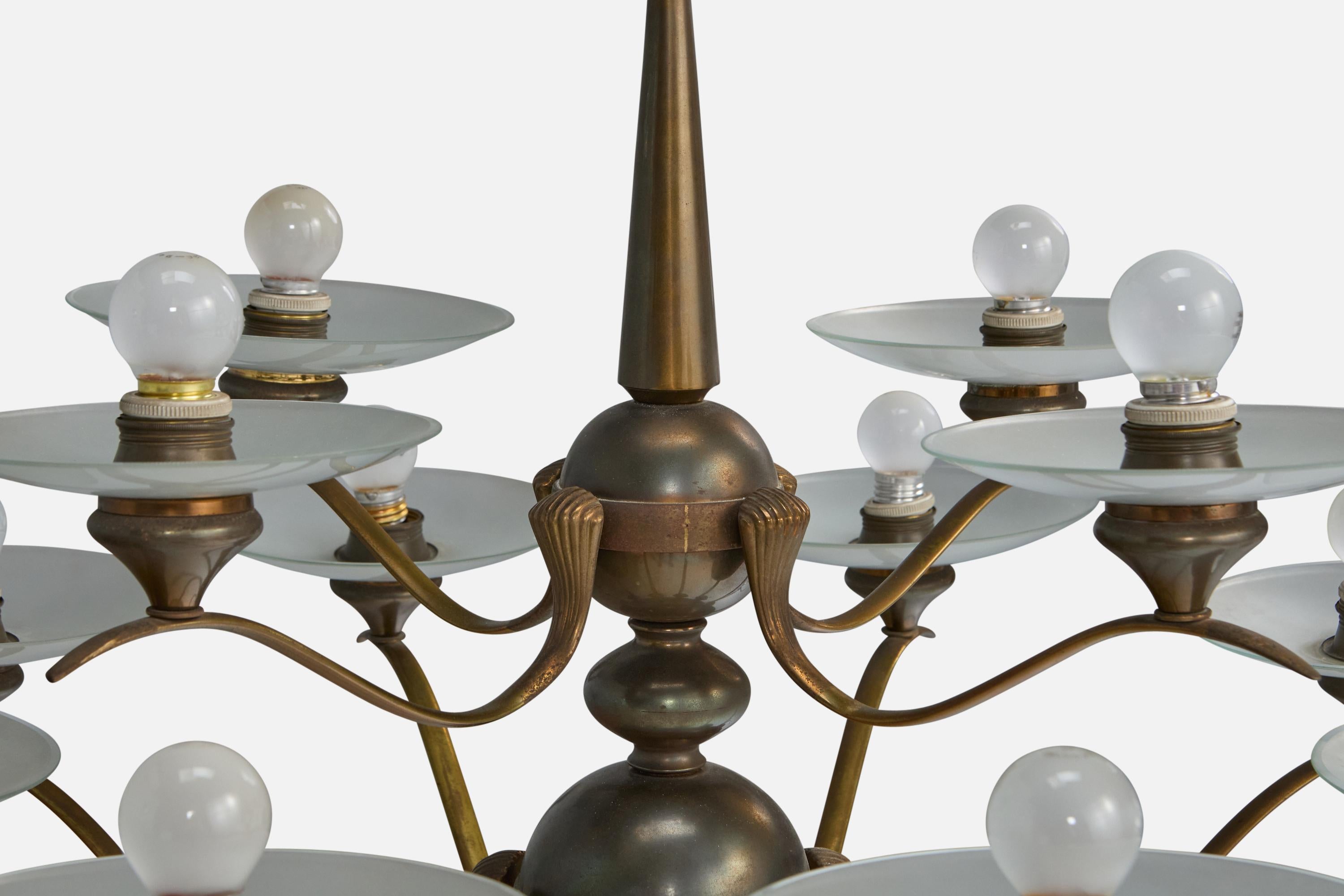 Italian Designer, Chandelier, Brass, Glass, Italy, 1950s For Sale 4