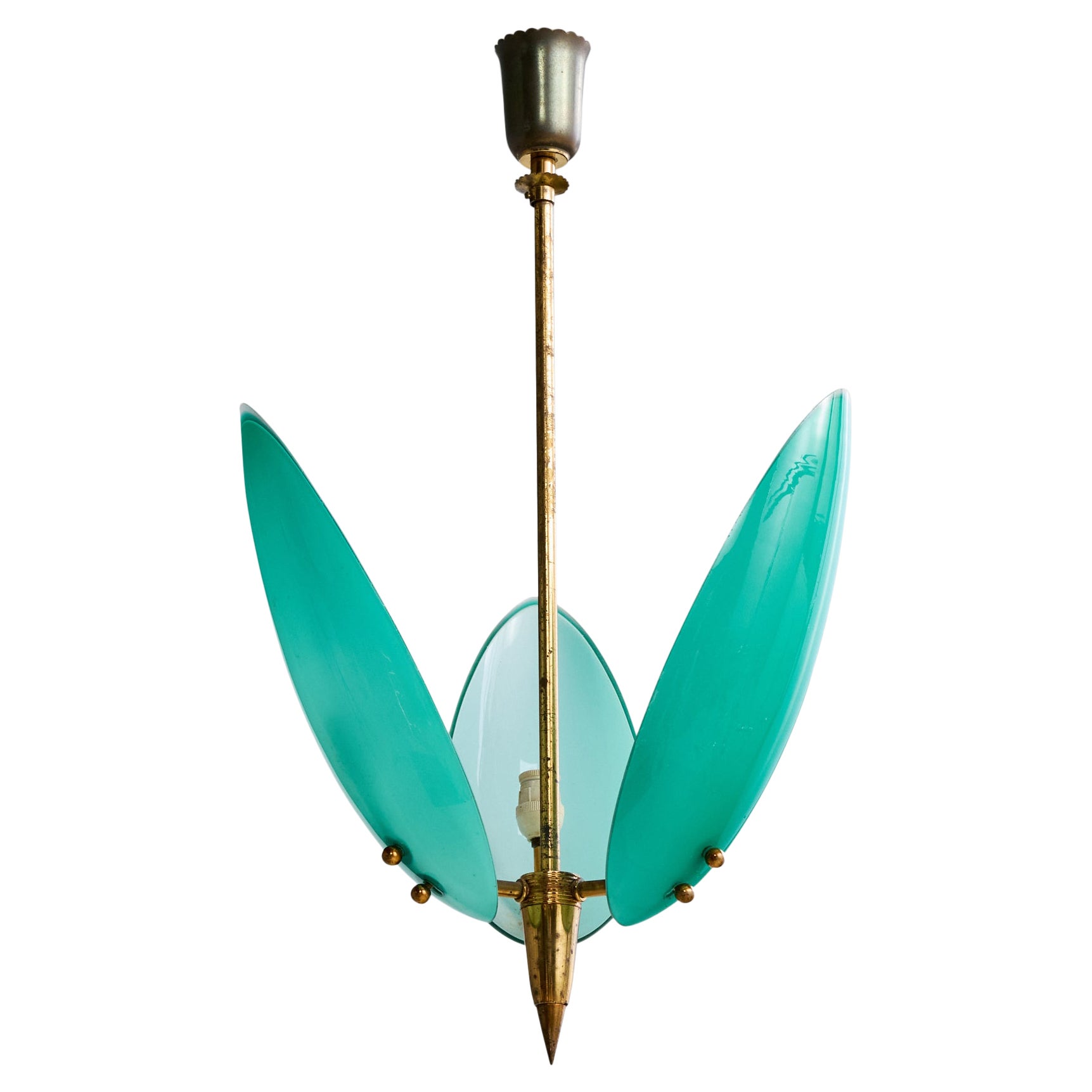 Italian Designer, Chandelier, Brass, Glass, Italy, 1950s For Sale