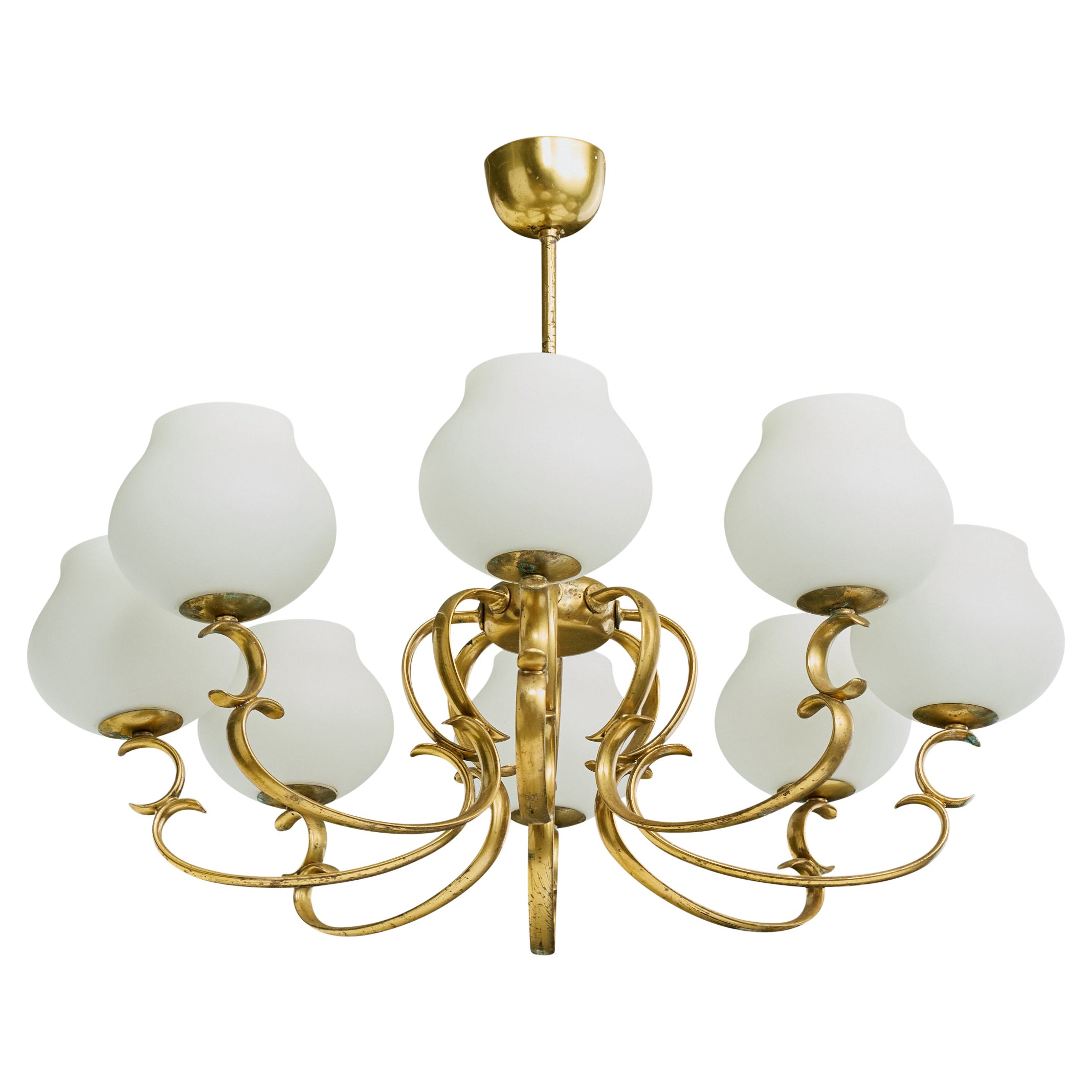 Italian Designer, Chandelier, Brass, Glass, Italy, 1950s For Sale