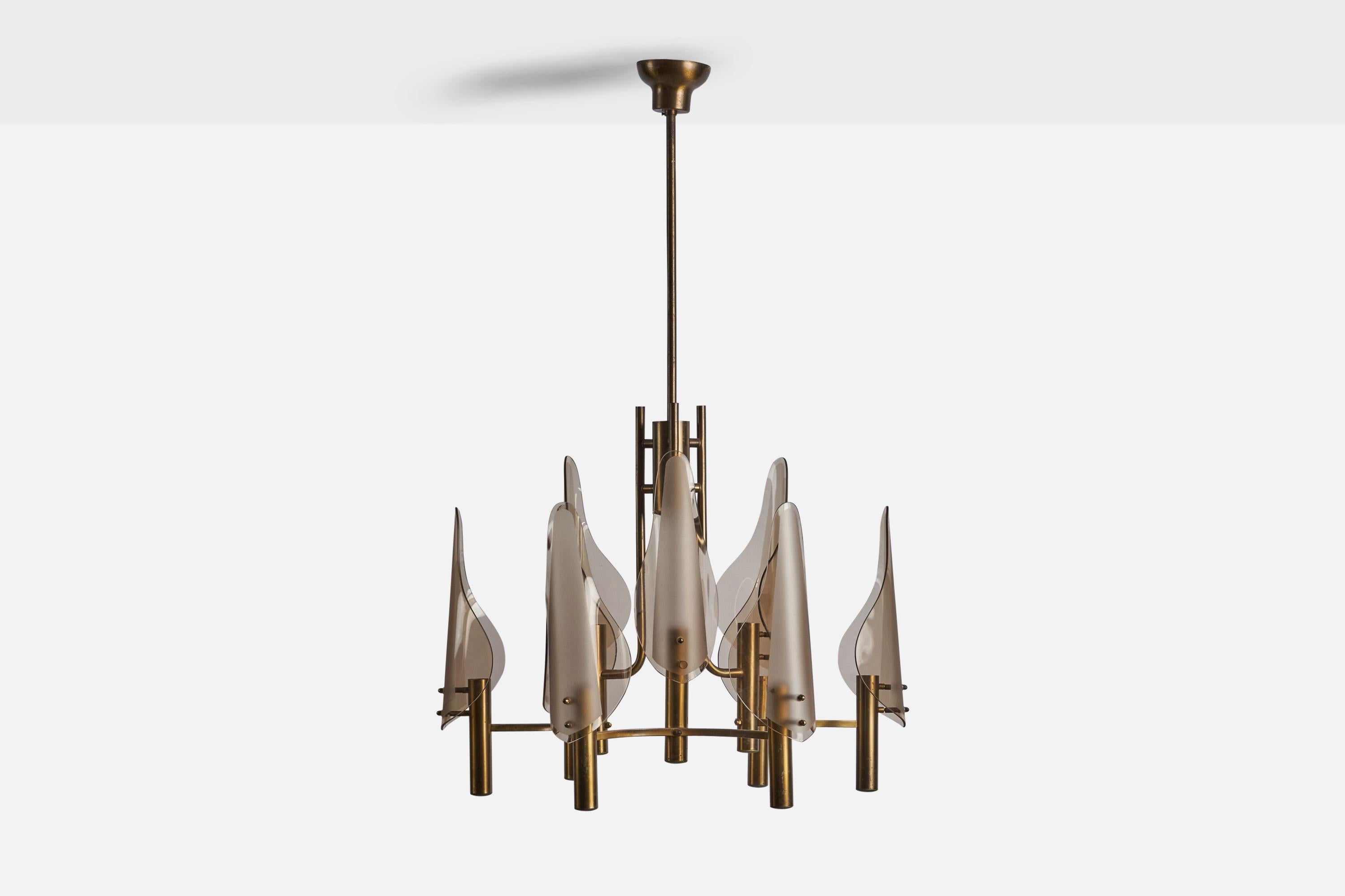 Mid-Century Modern Italian Designer, Chandelier, Brass, Glass, Italy, 1960s For Sale