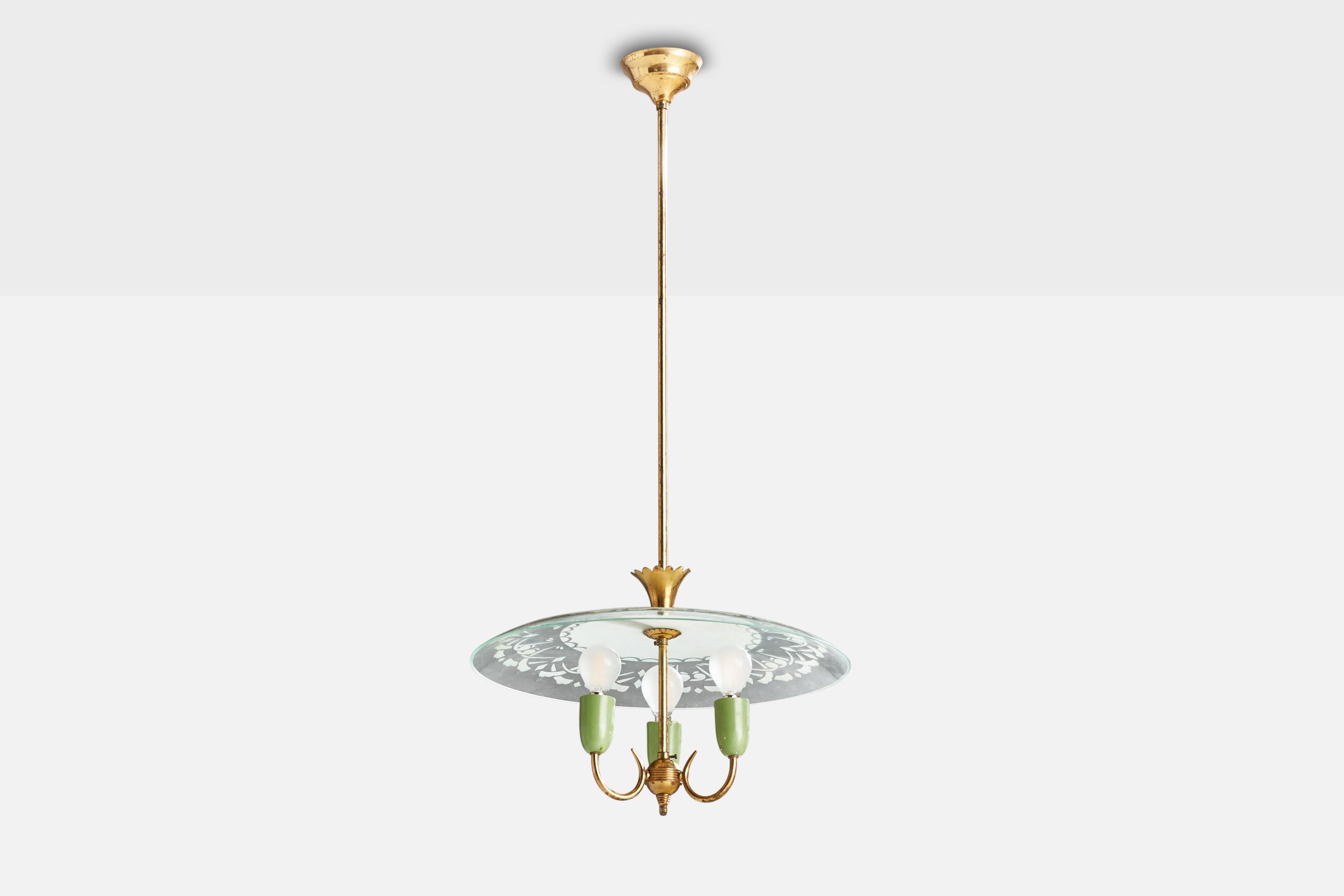 A brass, green metal and etched glass chandelier designed and produced in Italy, 1940s.

Dimensions of canopy (inches): 2” H x 3.5” Diameter
Socket takes standard E-14 bulbs. 3 sockets.There is no maximum wattage stated on the fixture. All lighting