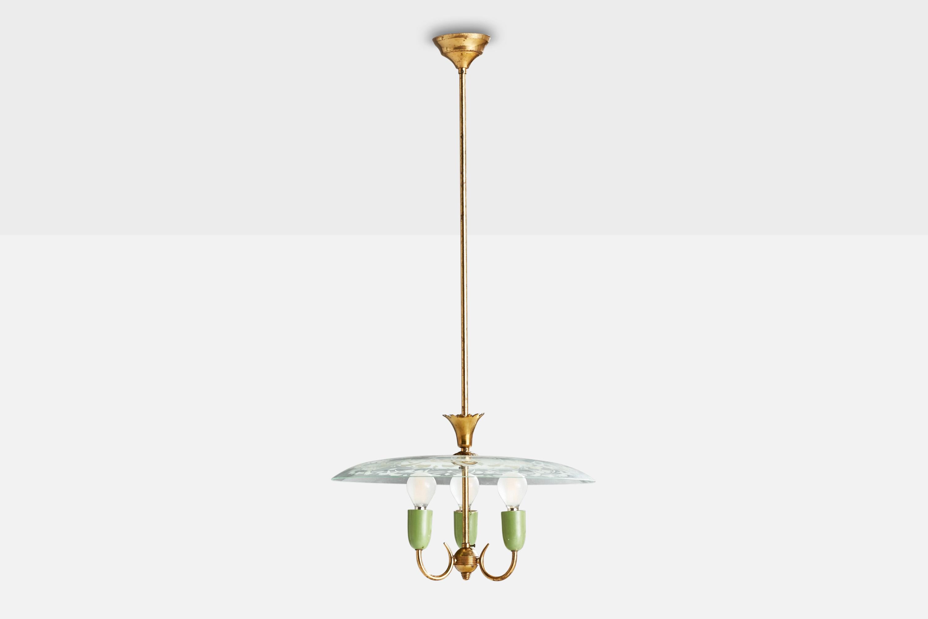 Italian Designer, Chandelier, Brass, Glass, Metal, 1940s In Good Condition For Sale In High Point, NC