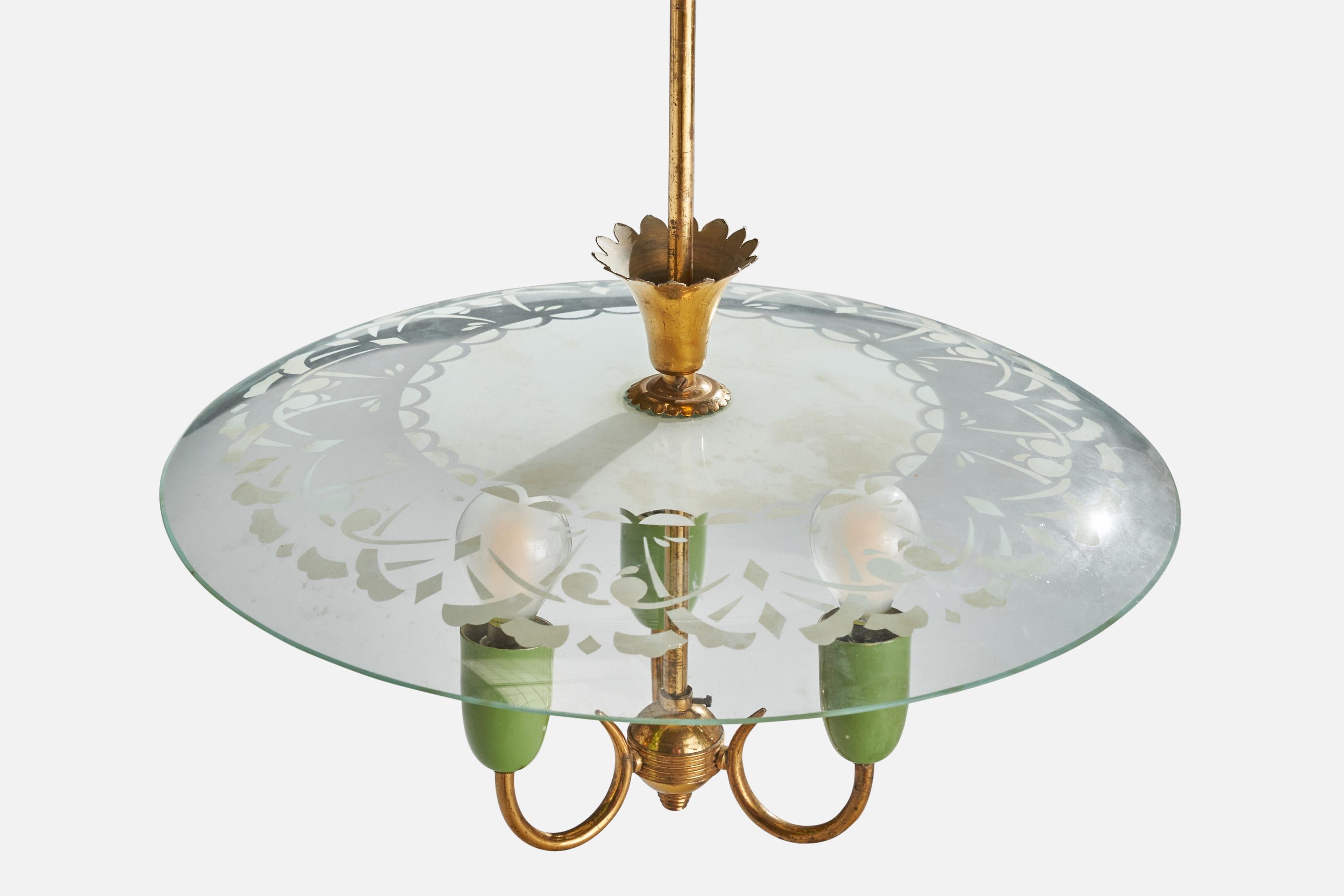 Italian Designer, Chandelier, Brass, Glass, Metal, 1940s For Sale 3