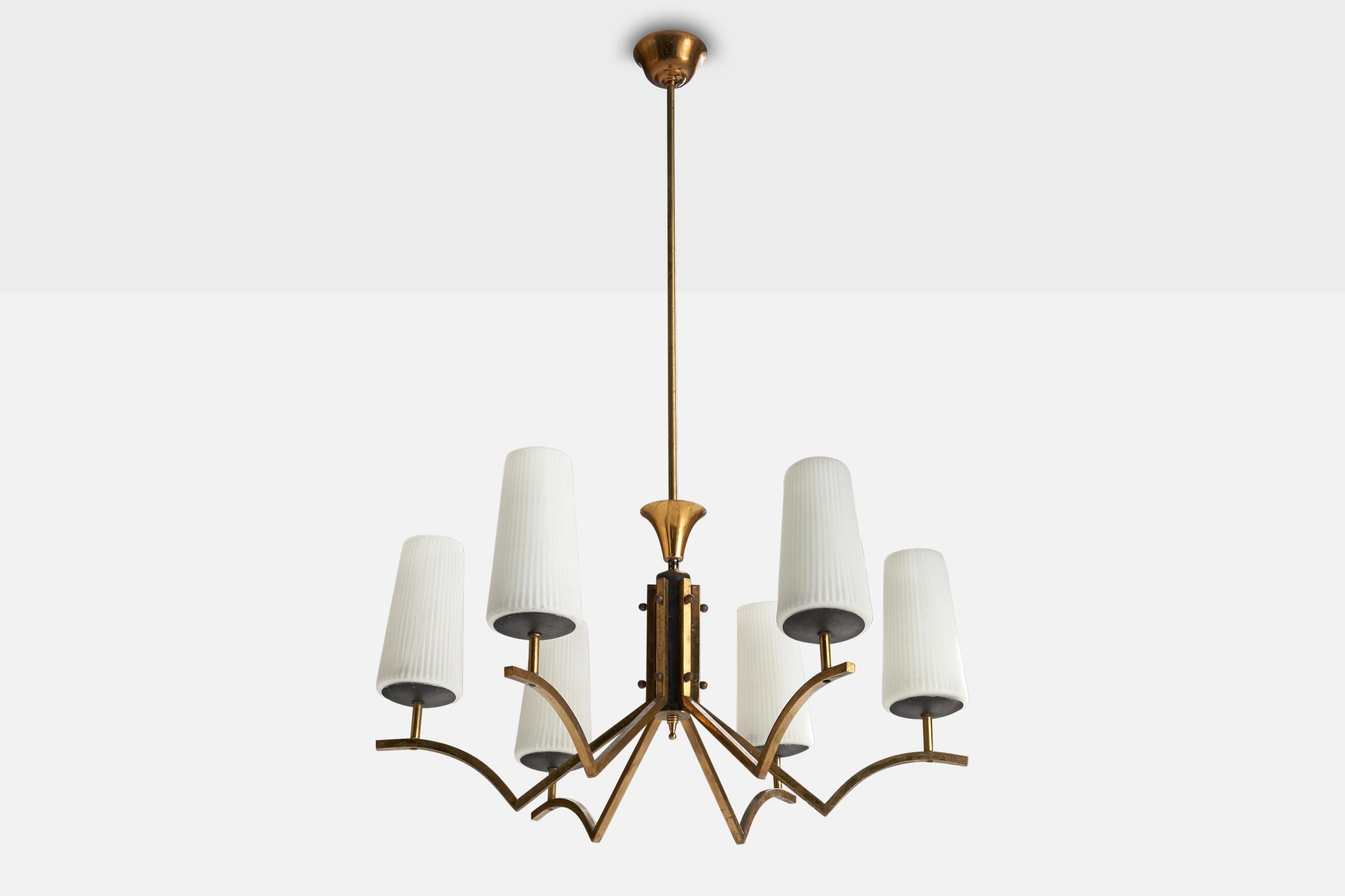 A brass, black-lacquered metal and white opaline glass chandelier designed and produced in Italy, c. 1950s.

Overall Dimensions (inches): 38” H x 24” Diameter

Dimensions of Canopy:  2” H x 3.5” W x 3.5” D

Stem length: 24” H

Bulb Specifications: