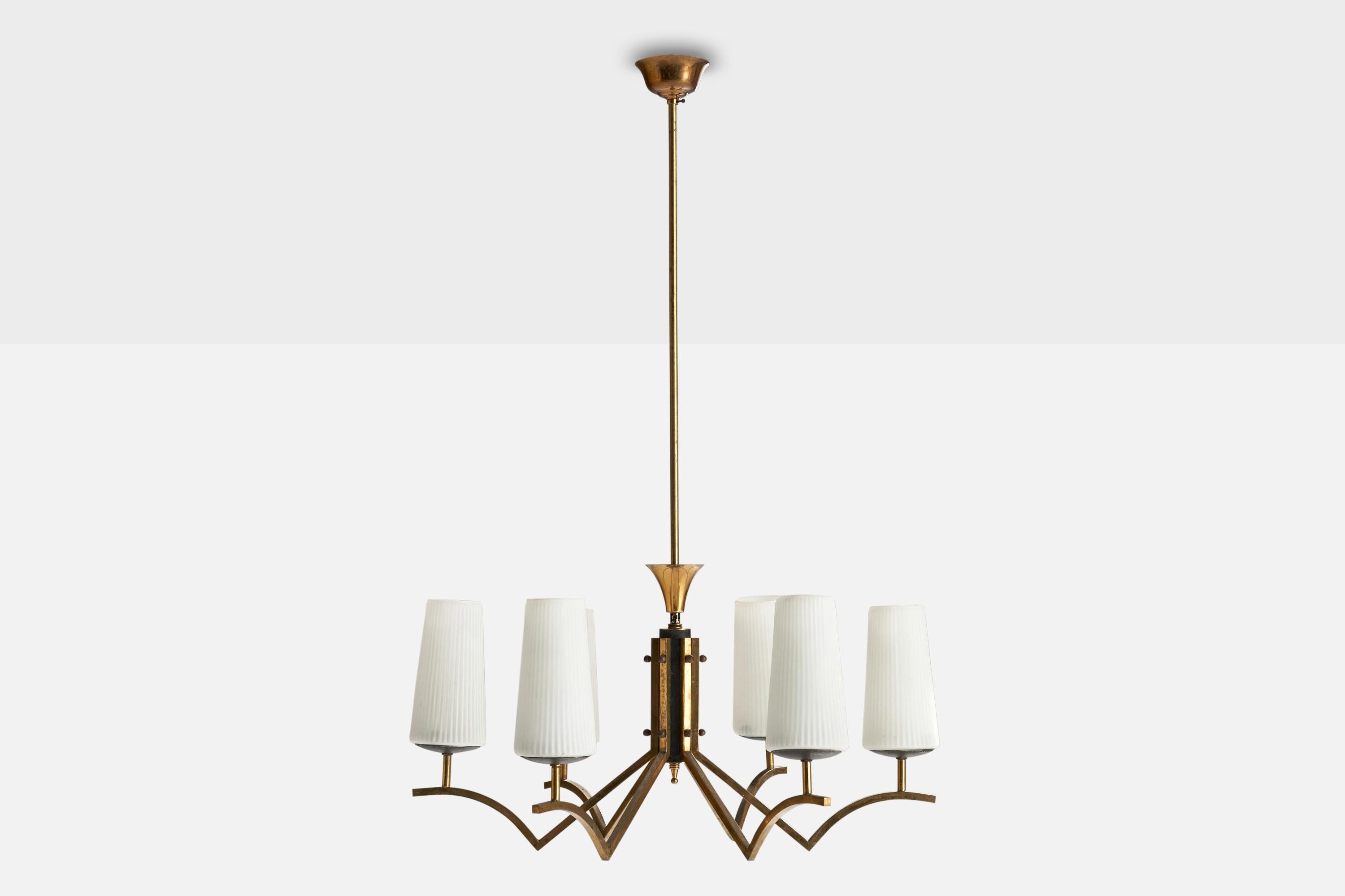 Mid-Century Modern Italian Designer, Chandelier, Brass, Glass, Metal, Italy, 1950s For Sale