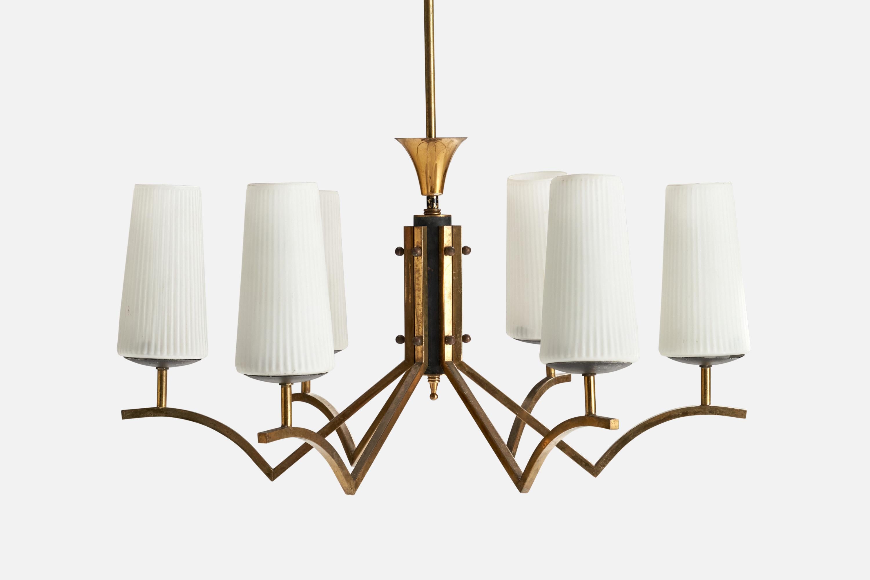 Mid-20th Century Italian Designer, Chandelier, Brass, Glass, Metal, Italy, 1950s For Sale