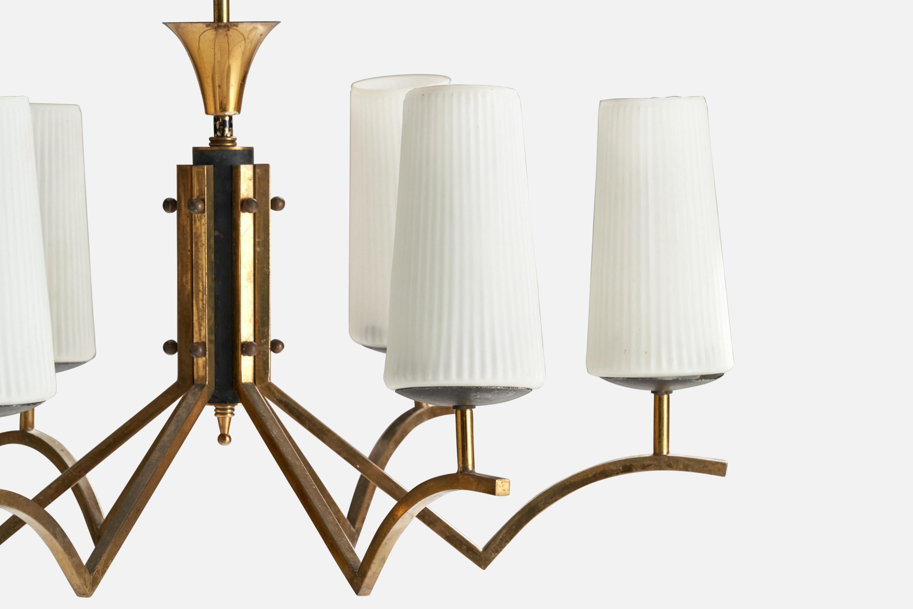 Italian Designer, Chandelier, Brass, Glass, Metal, Italy, 1950s For Sale 1