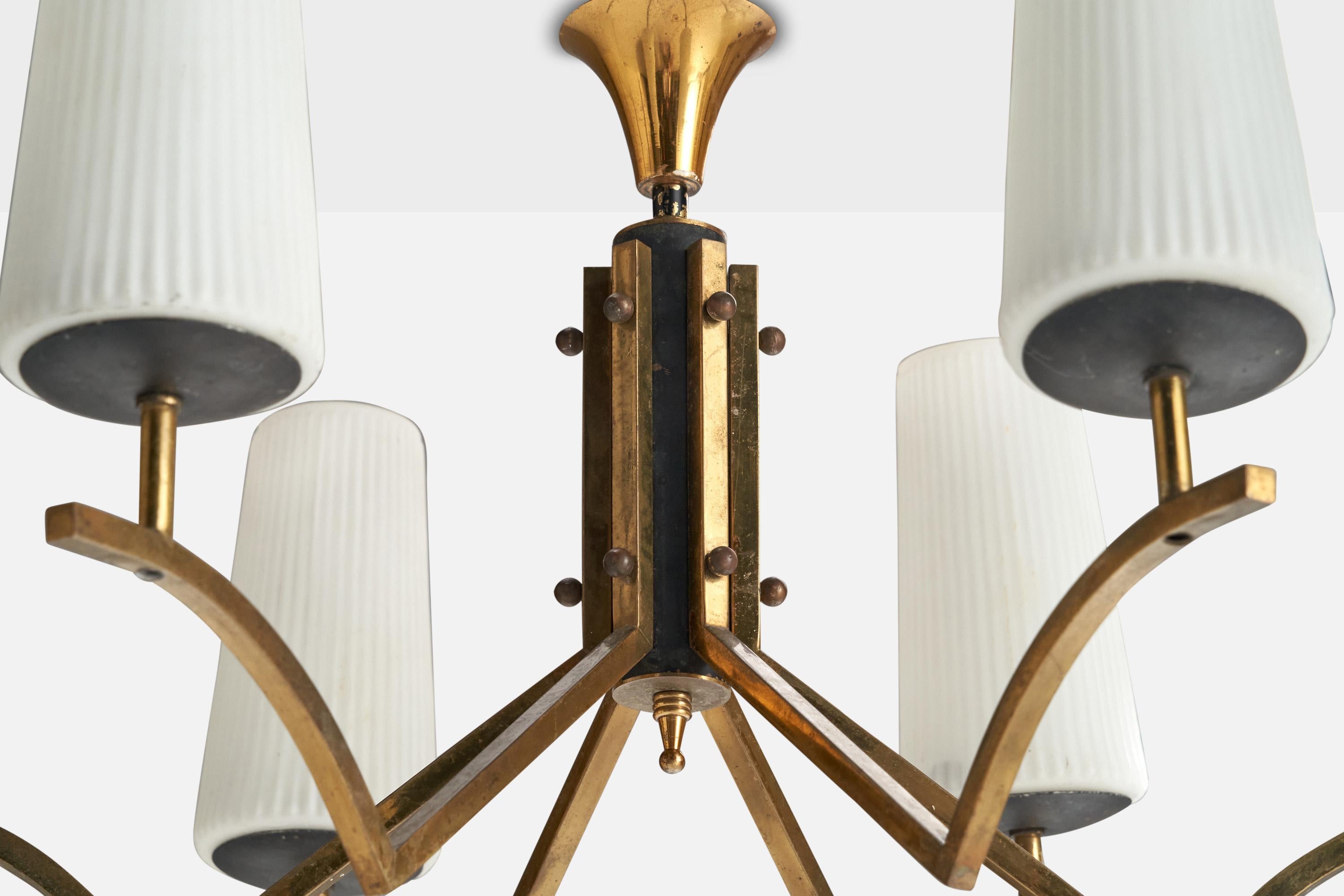Italian Designer, Chandelier, Brass, Glass, Metal, Italy, 1950s For Sale 2