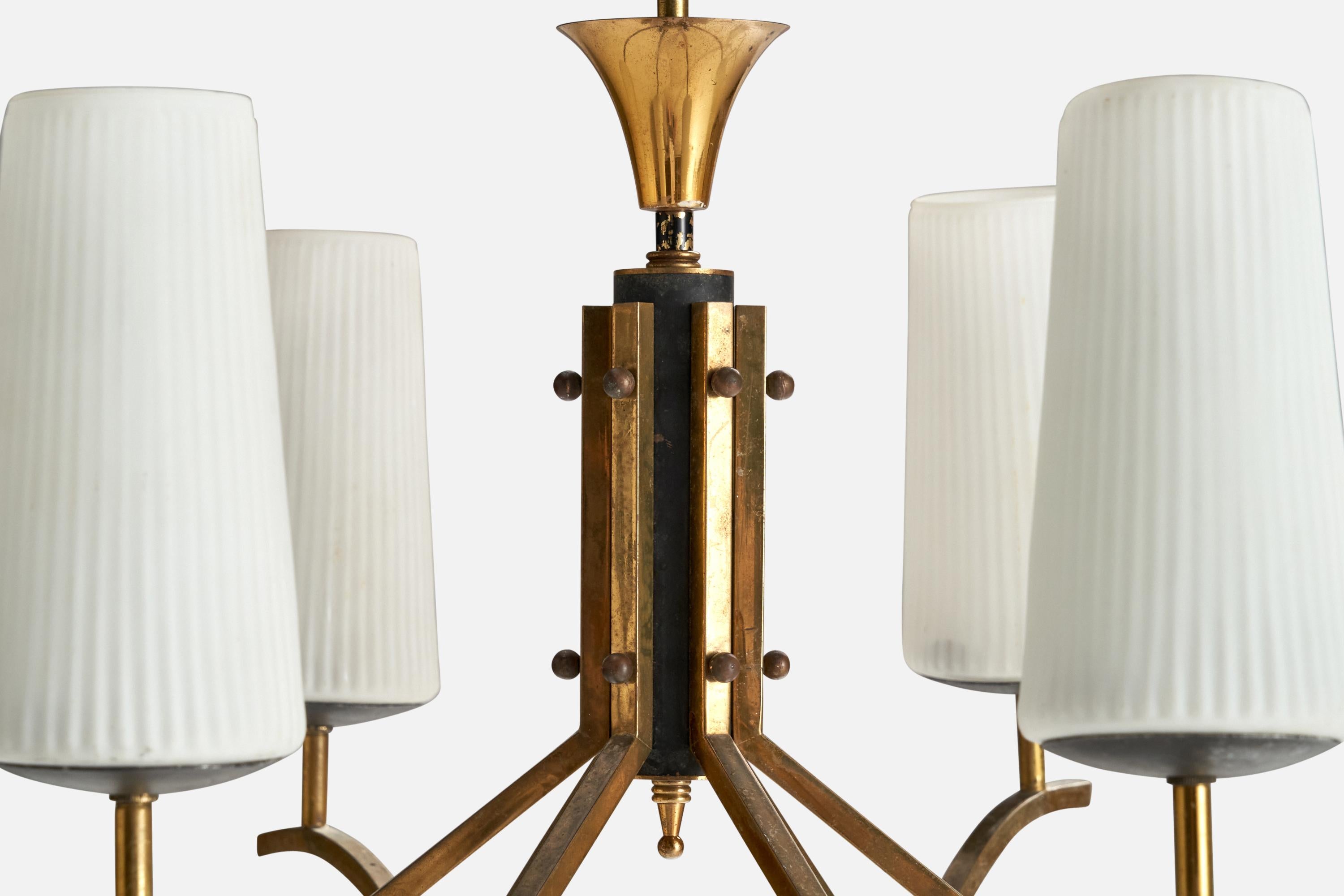 Italian Designer, Chandelier, Brass, Glass, Metal, Italy, 1950s For Sale 3