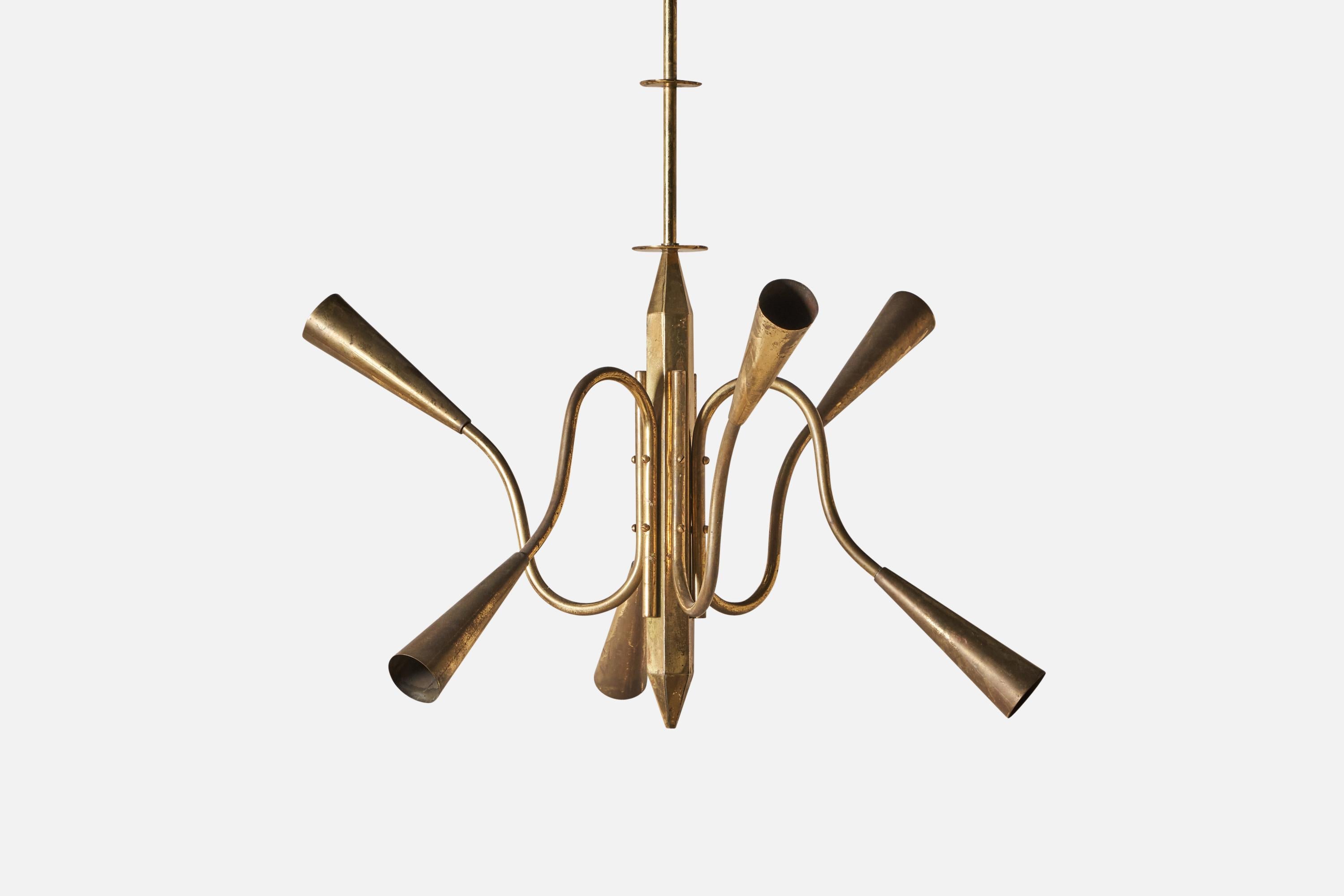 A six-armed brass chandelier designed and produced in Italy, 1940s.

Overall Dimensions (inches): 41” H x 30” Diameter
Bulb Specifications: E-14 Bulb
Number of Sockets: 6