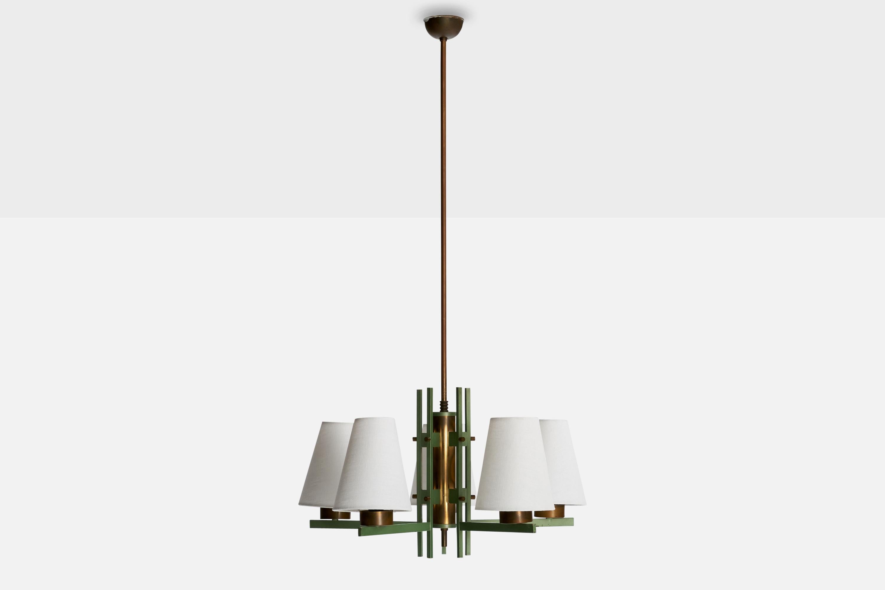 Mid-Century Modern Italian Designer, Chandelier, Brass, Metal, Fabric, Italy, 1950s For Sale