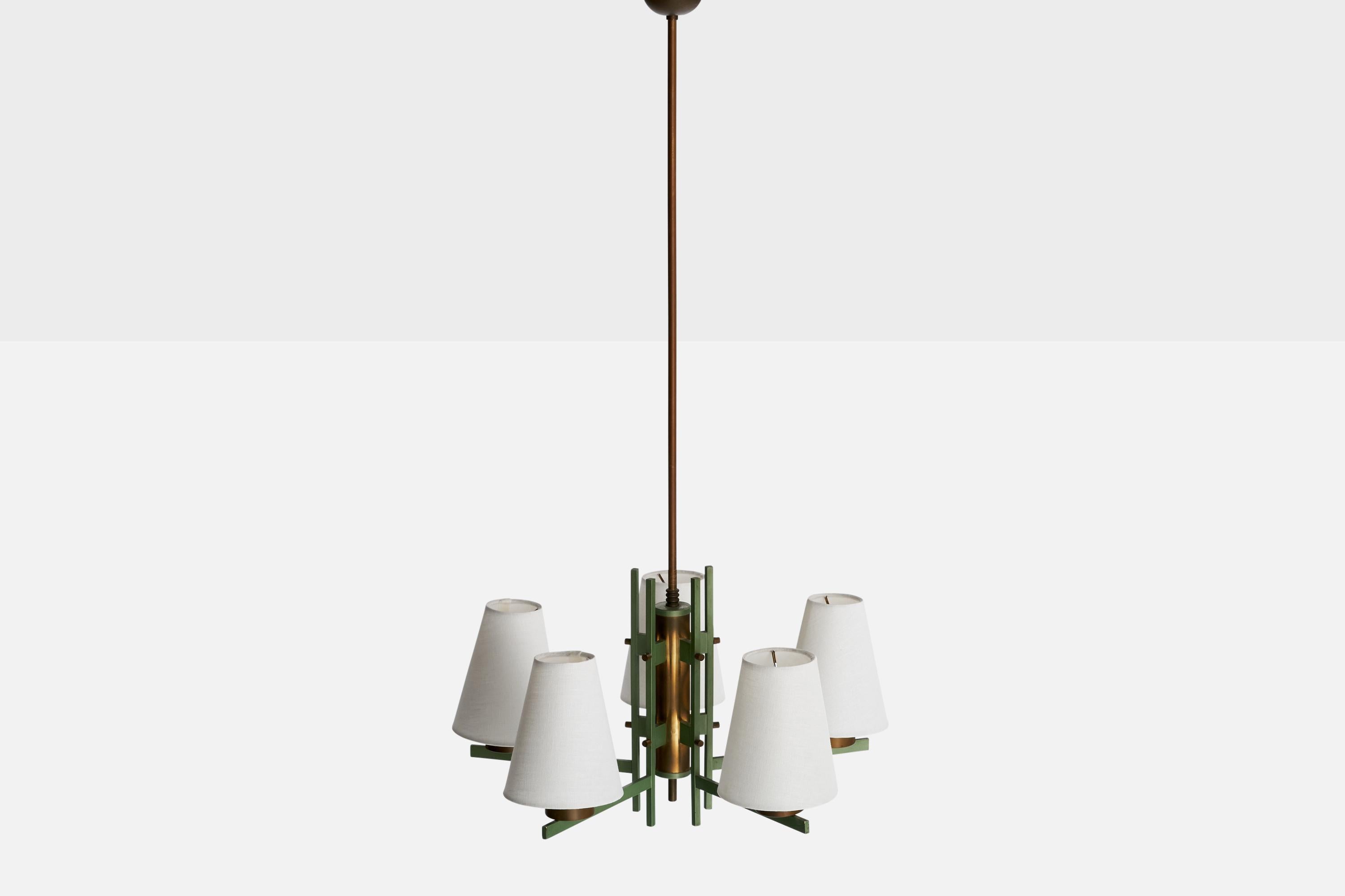 Italian Designer, Chandelier, Brass, Metal, Fabric, Italy, 1950s In Good Condition For Sale In High Point, NC