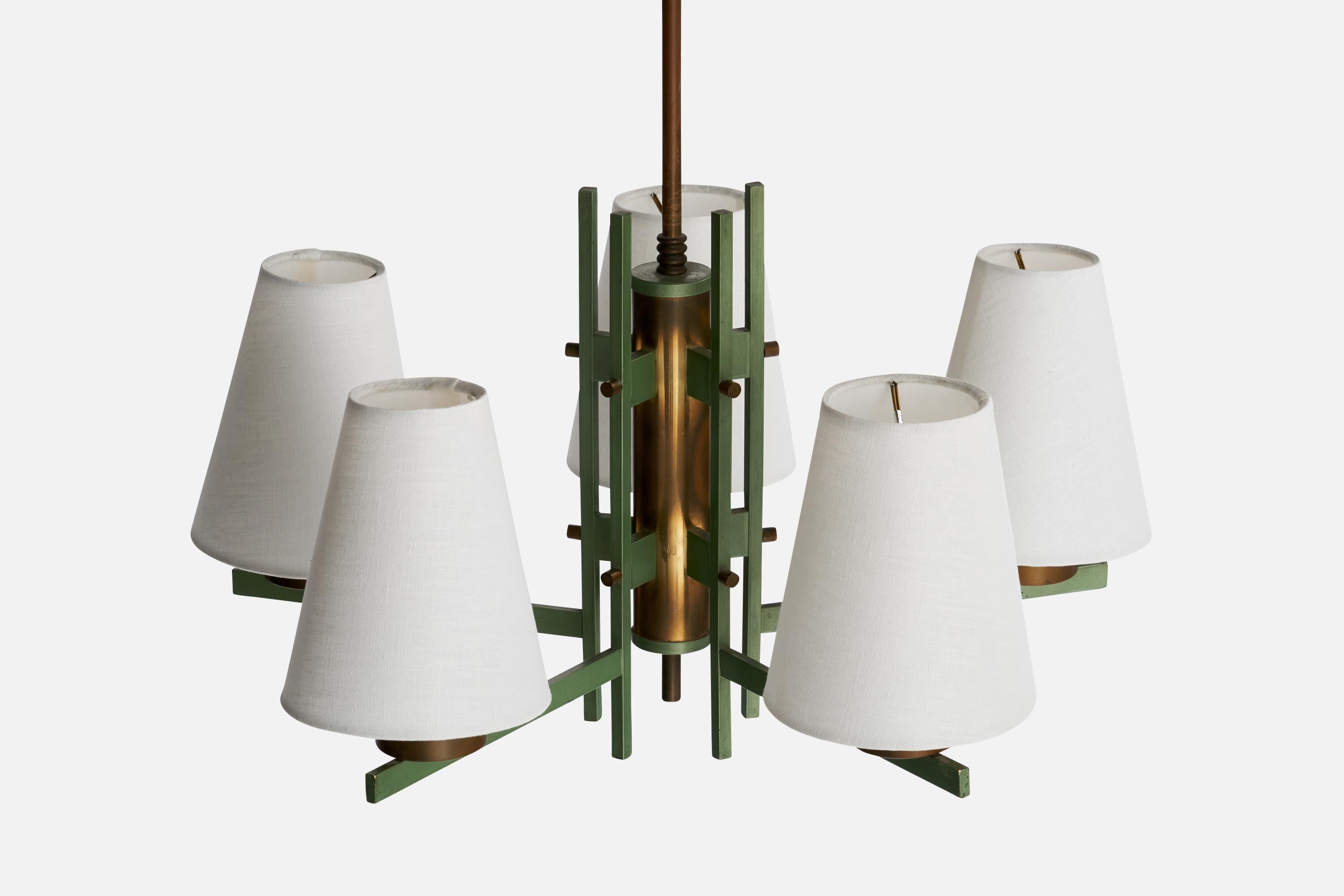 Mid-20th Century Italian Designer, Chandelier, Brass, Metal, Fabric, Italy, 1950s For Sale