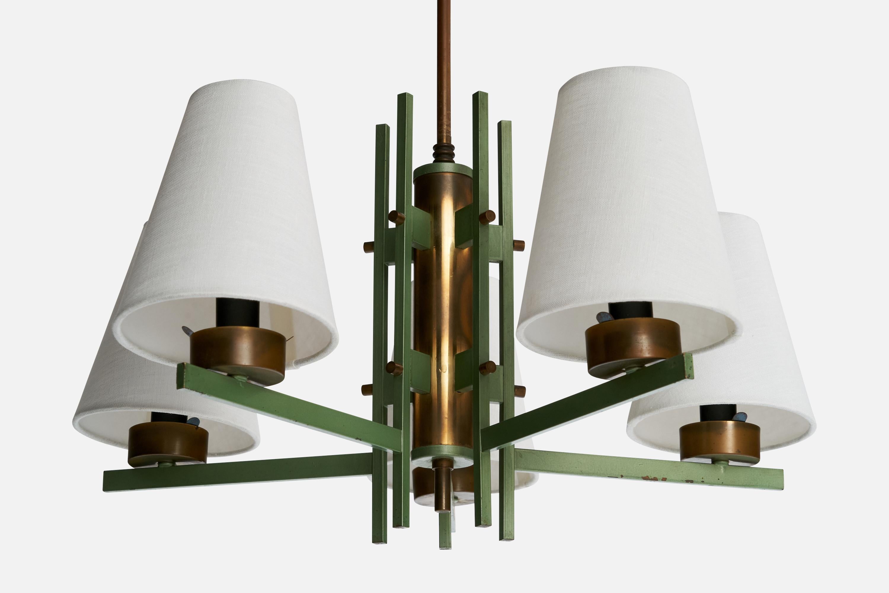 Italian Designer, Chandelier, Brass, Metal, Fabric, Italy, 1950s For Sale 1