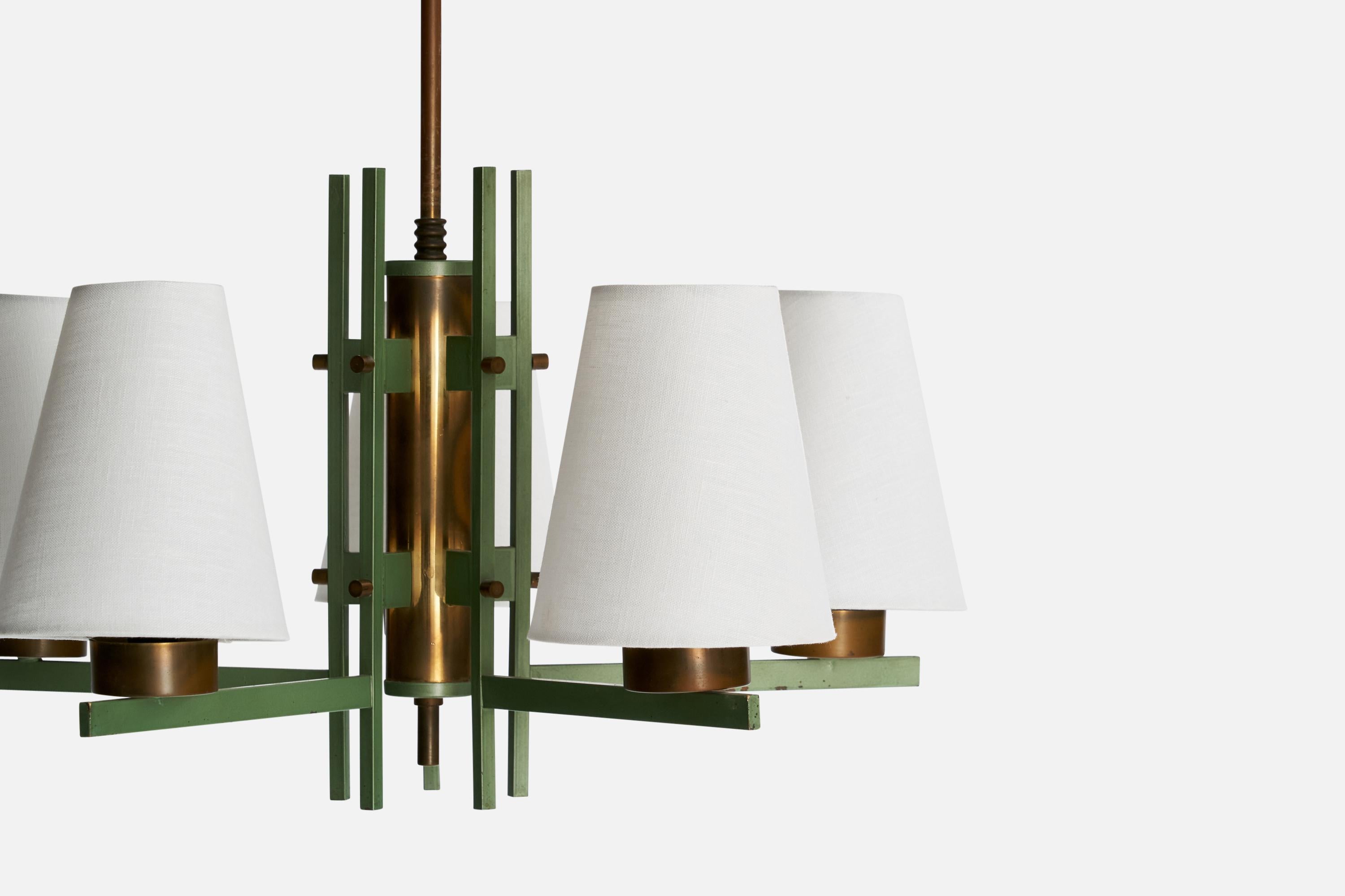 Italian Designer, Chandelier, Brass, Metal, Fabric, Italy, 1950s For Sale 2