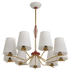Italian Designer, Chandelier, Brass, Metal, Glass, Fabric, Italy, 1950s