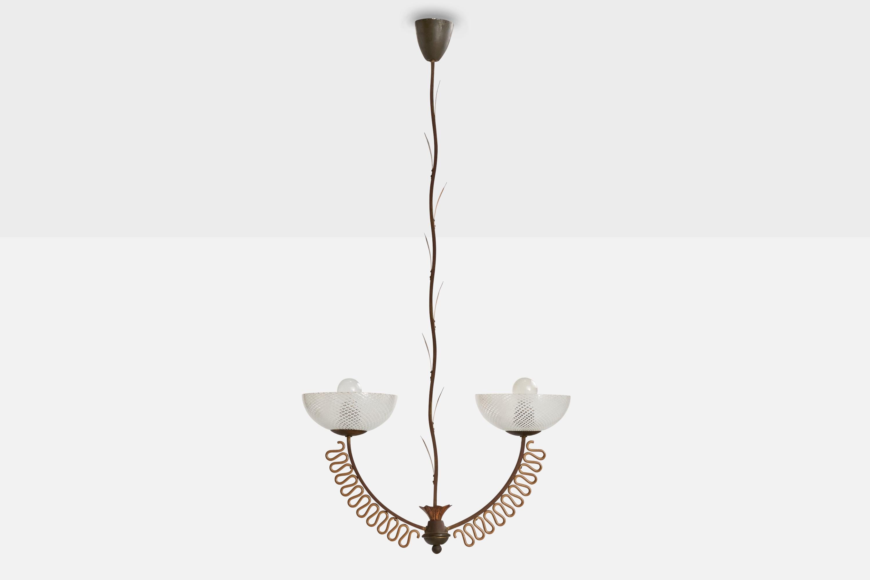 Italian Designer, Chandelier, Brass, Metal, Glass, Italy, 1930s In Good Condition For Sale In High Point, NC